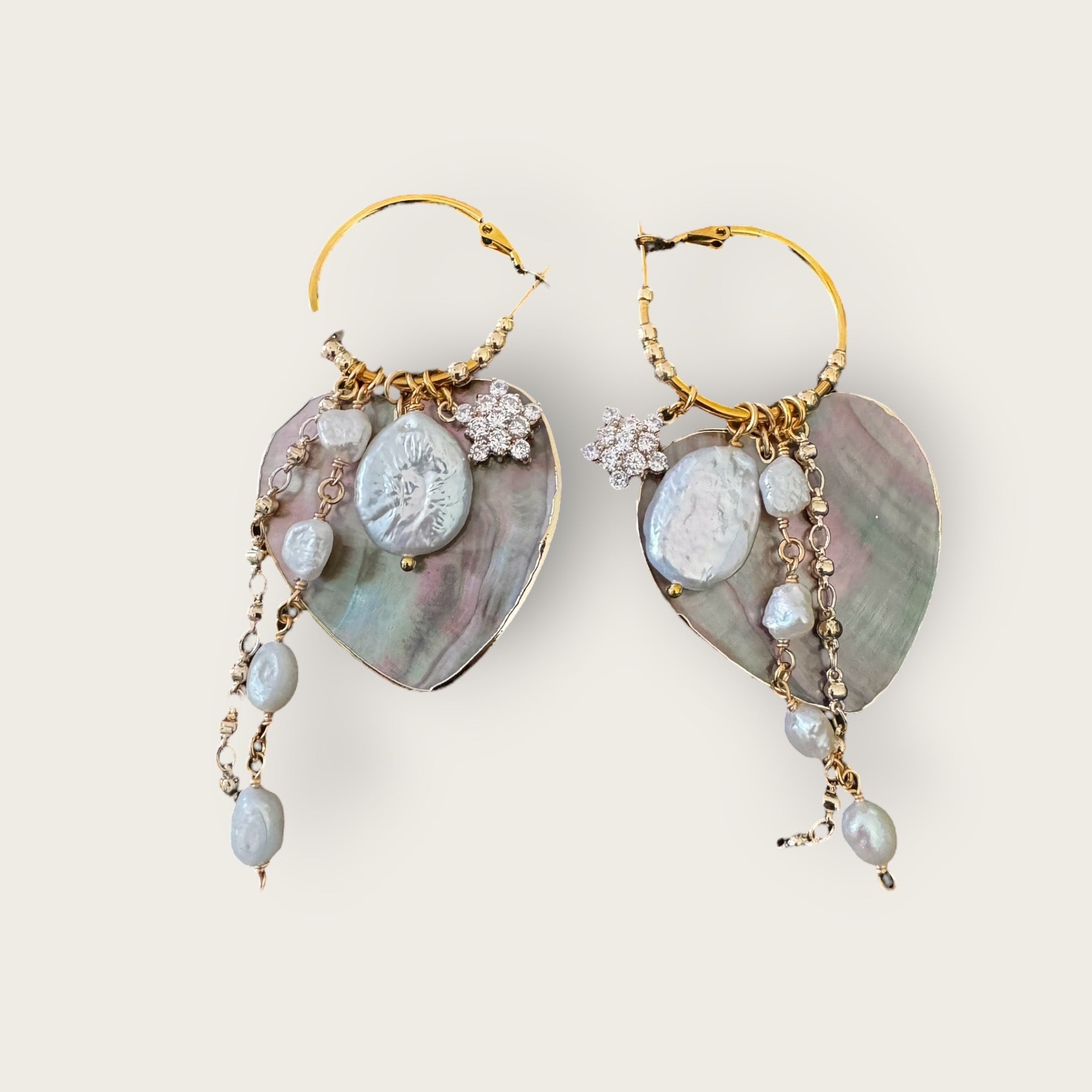 JORGINA - Boucles d'Oreilles Pendentif Cœur Nacre & Perles Baroques