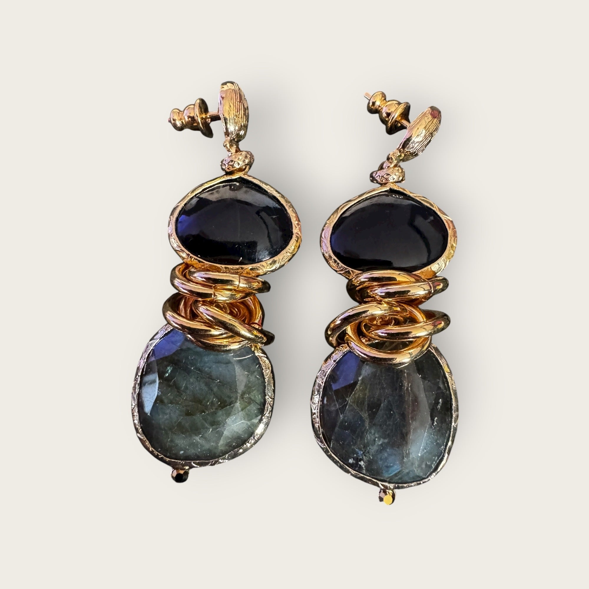 GAS BIJOUX - Boucles d’oreilles SIRENA dorées à l’or fin - Onyx et Labradorite