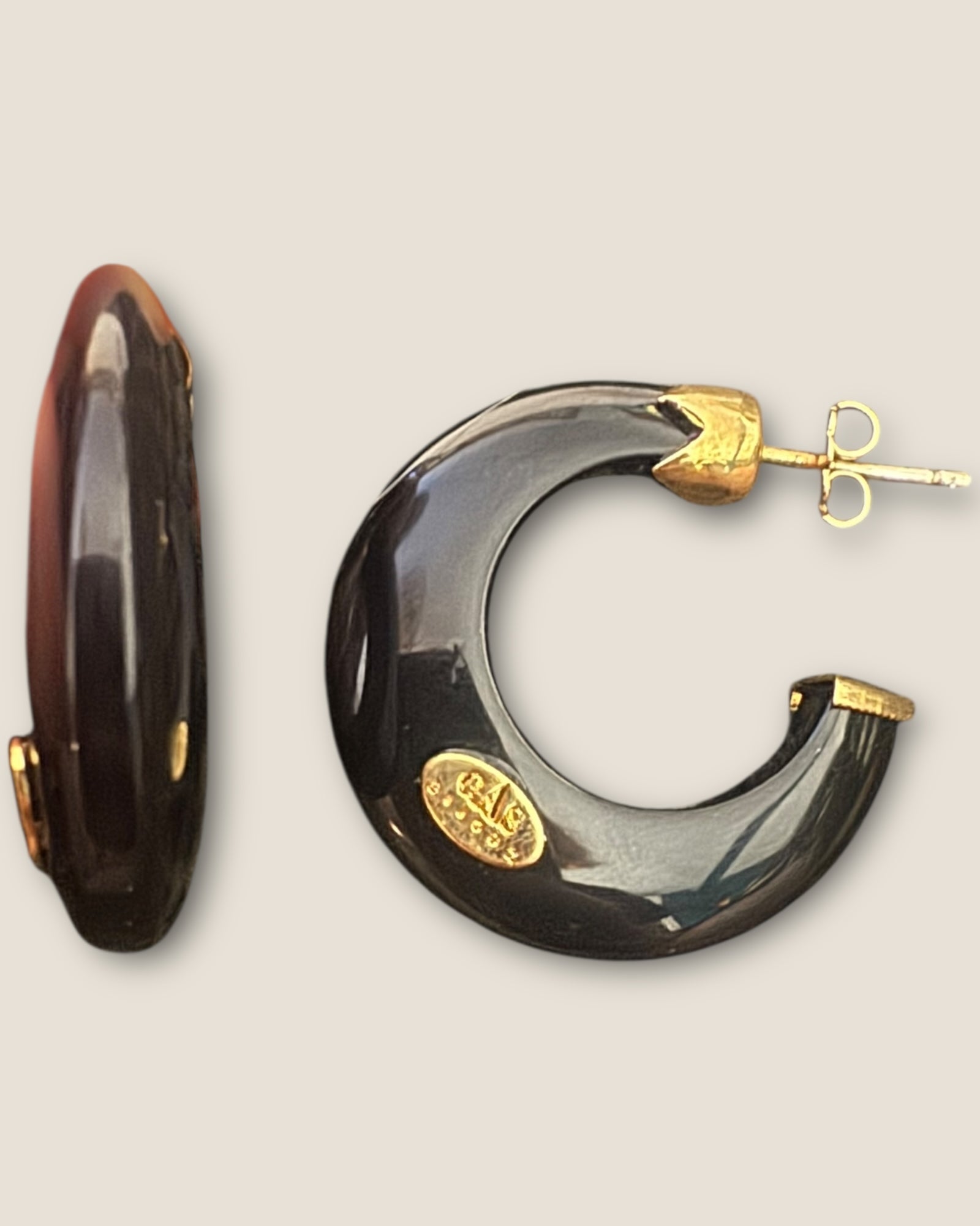 GAS BIJOUX - Boucles d'oreilles créoles ABALONE mini acétate dorées à l' or fin - Noir