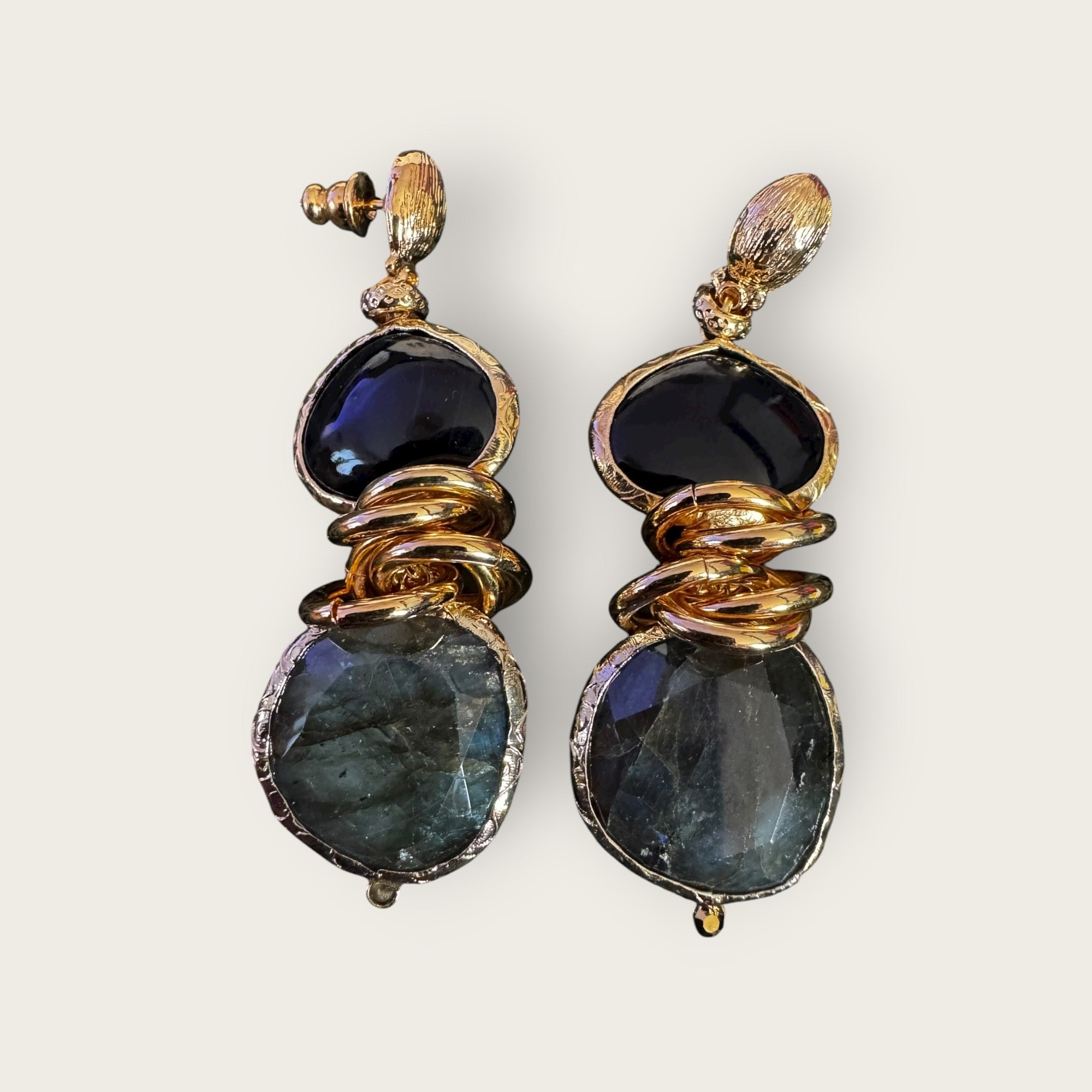 GAS BIJOUX - Boucles d’oreilles SIRENA dorées à l’or fin - Onyx et Labradorite