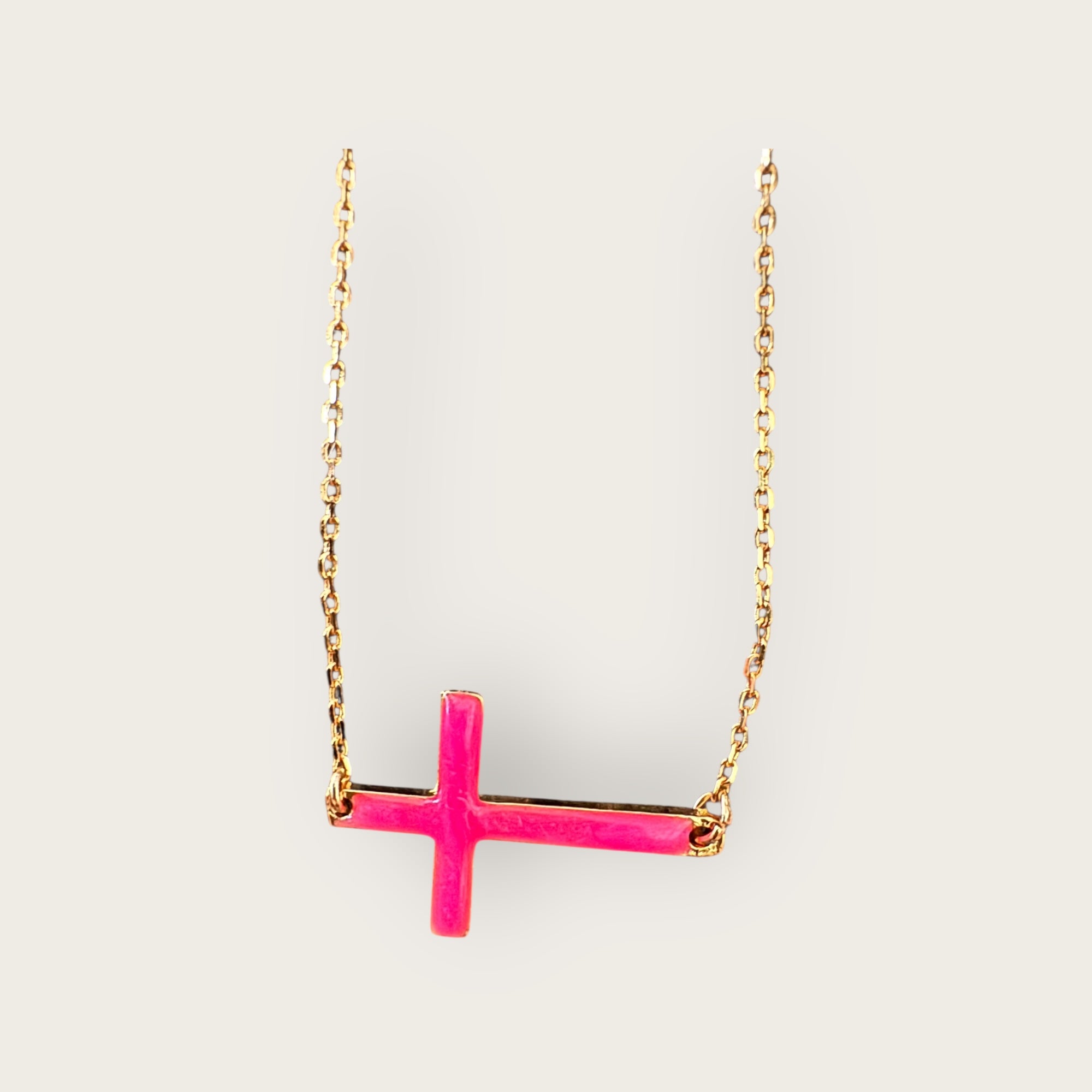 Mademoiselle OUPS - Collier CORPUS CRAZY - Grande croix émaillée horizontale - ROSE FLUO