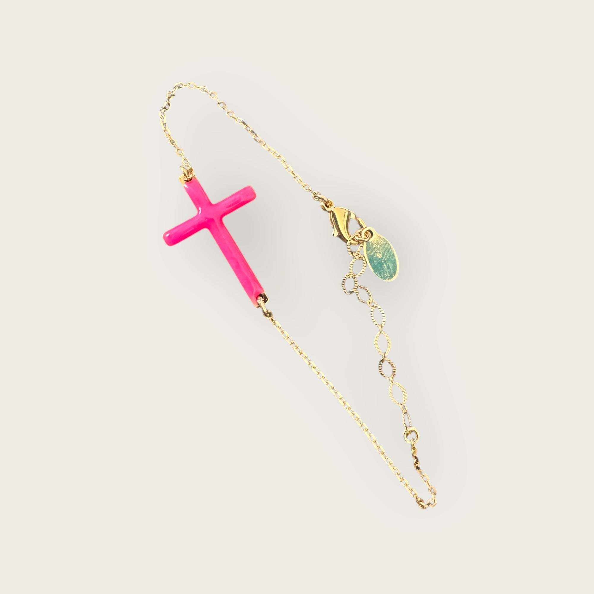 Mademoiselle OUPS - Bracelet CORPUS CRAZY grande croix émaillée - ROSE FLUO