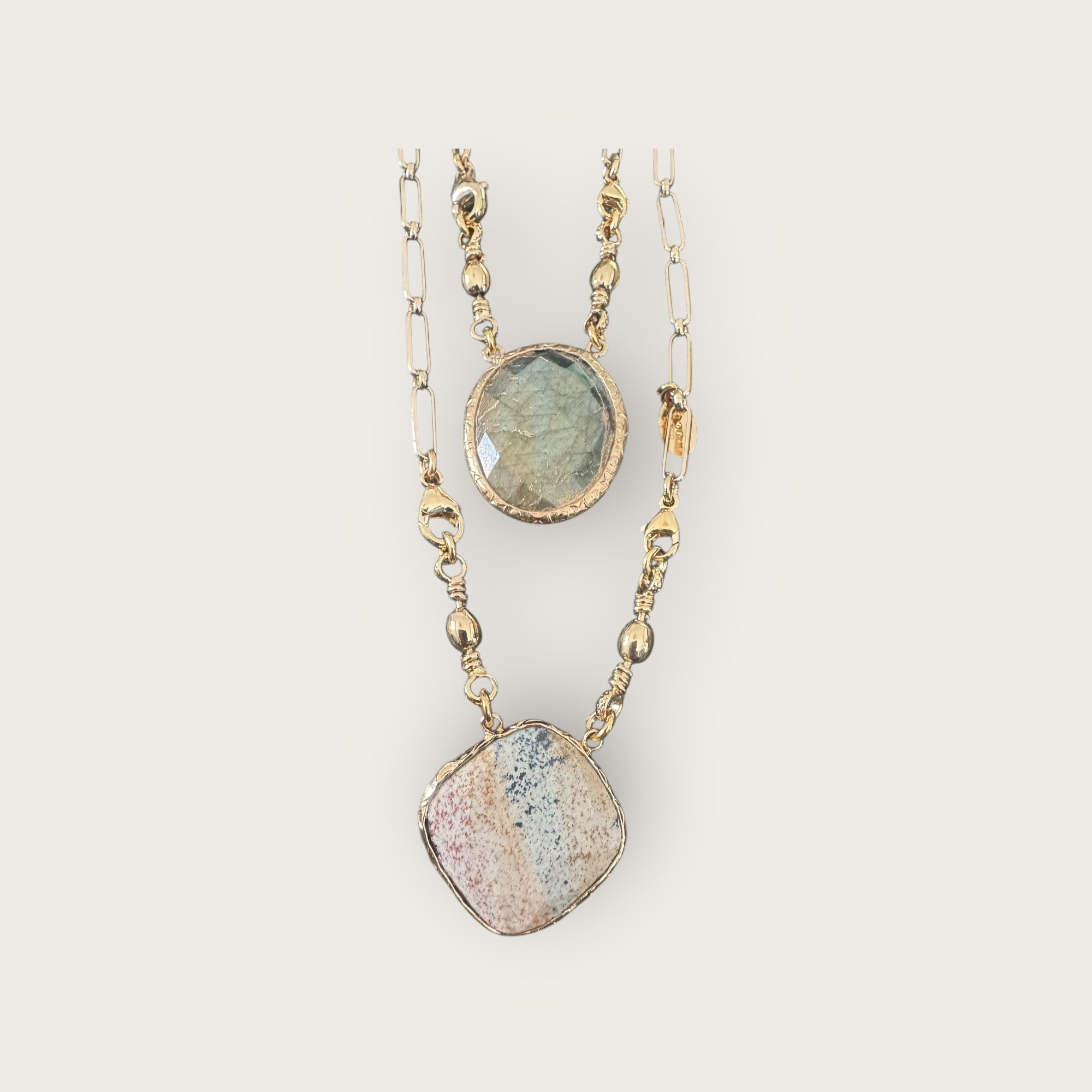 GAS BIJOUX - Collier SCAPULAIRE serti doré à l'or fin - Jaspe et labrodorite avec de la poudre d'or