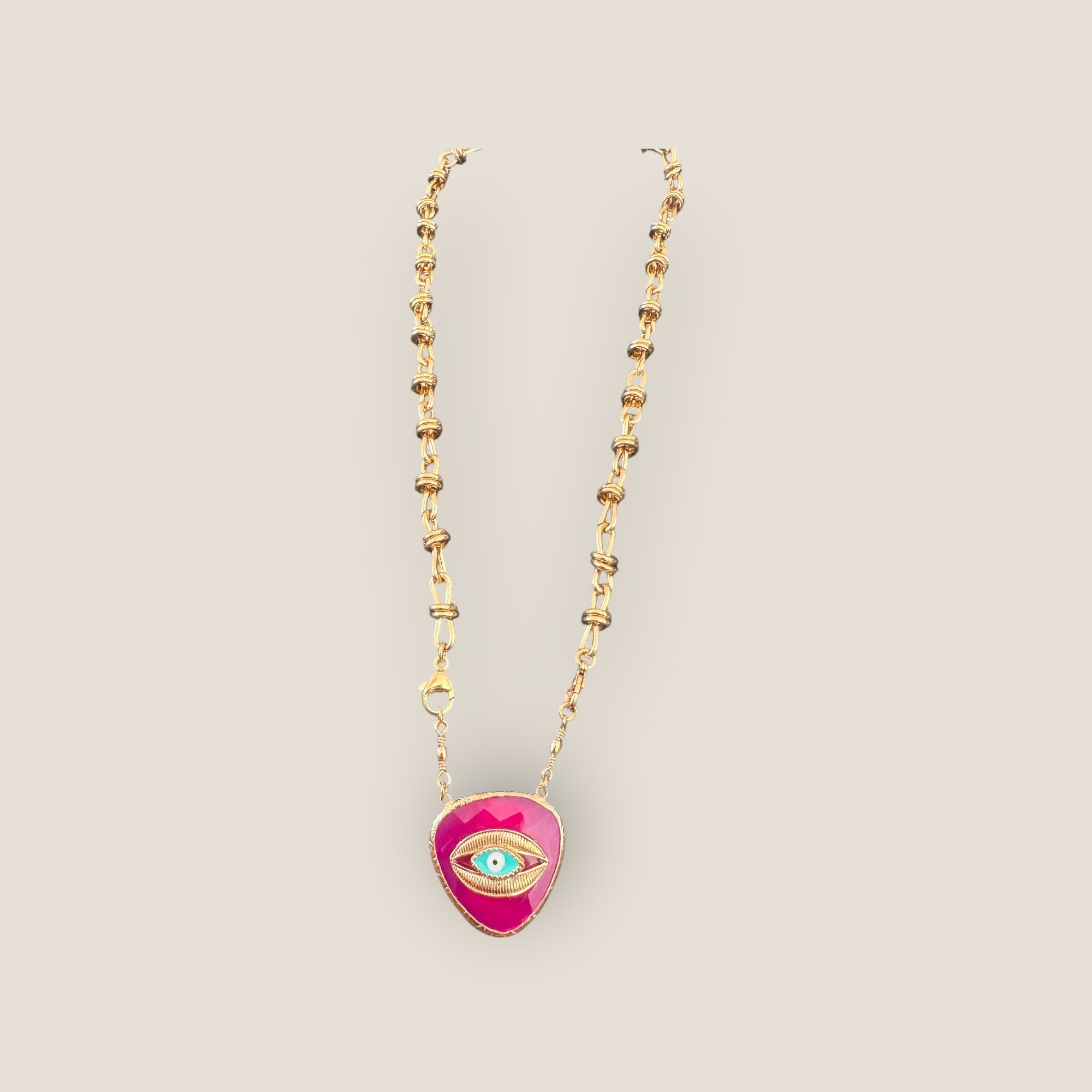 GAS BIJOUX - Collier BILLY doré à l’or fin - Cabochon quartz rose œil de nazar - RARE