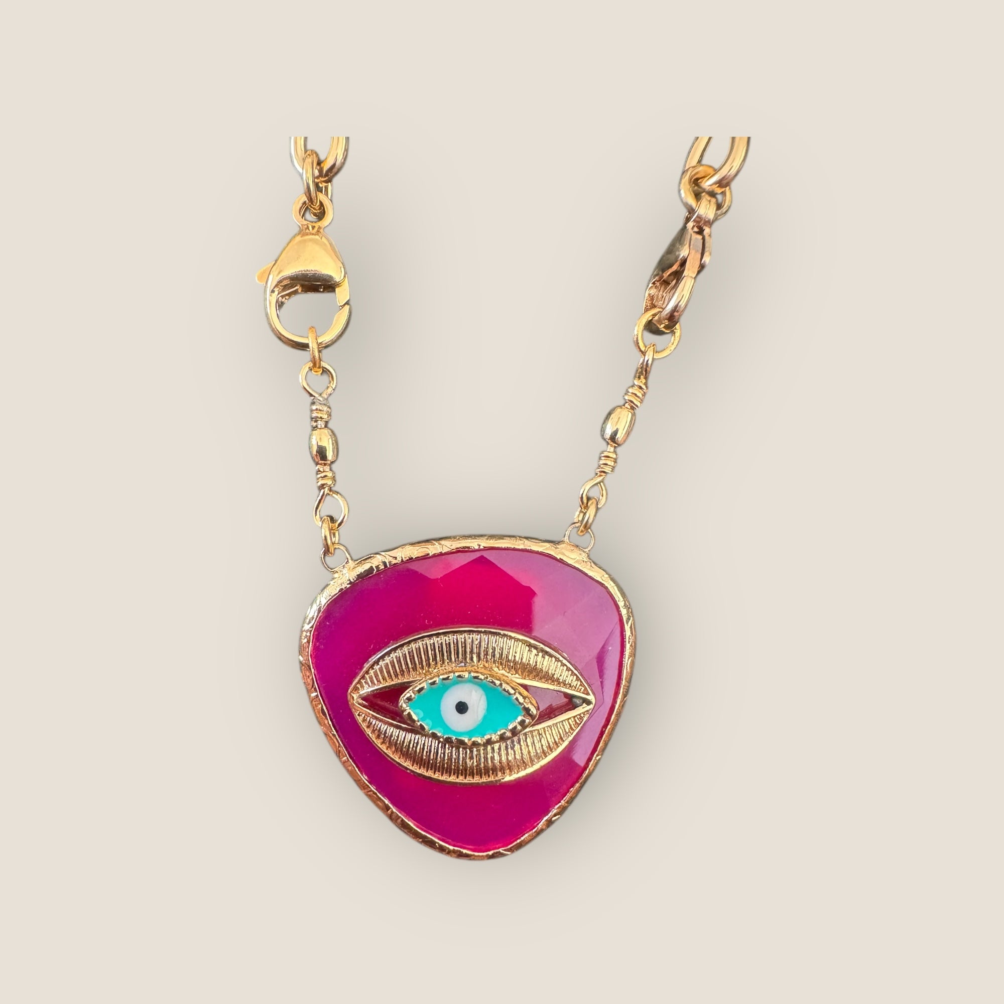 GAS BIJOUX - Collier BILLY doré à l’or fin - Cabochon quartz rose œil de nazar - RARE
