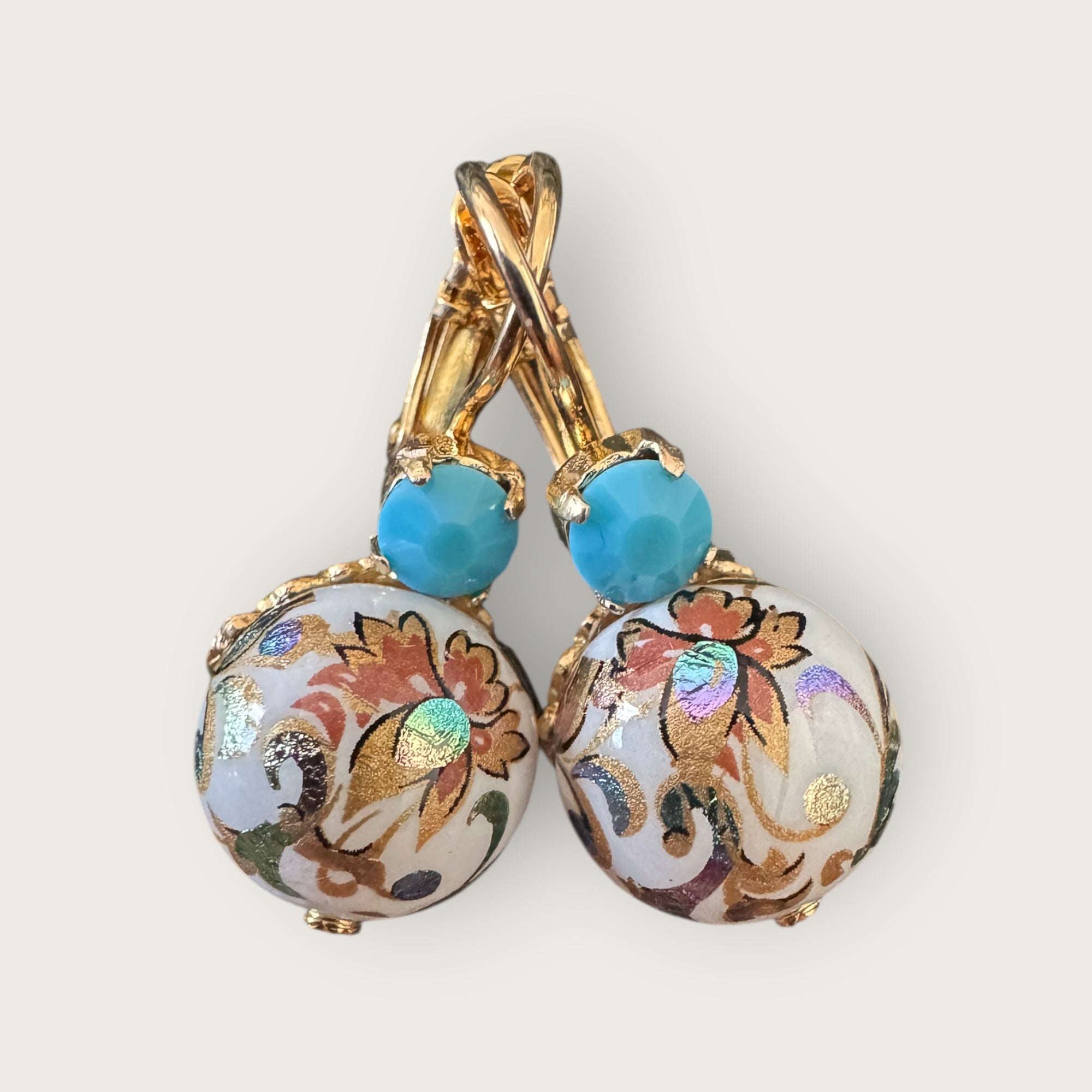 GAS BIJOUX - Boucles d'oreilles DECALCO MINI dorées à l'or fin - Blanches et cristaux turquoise