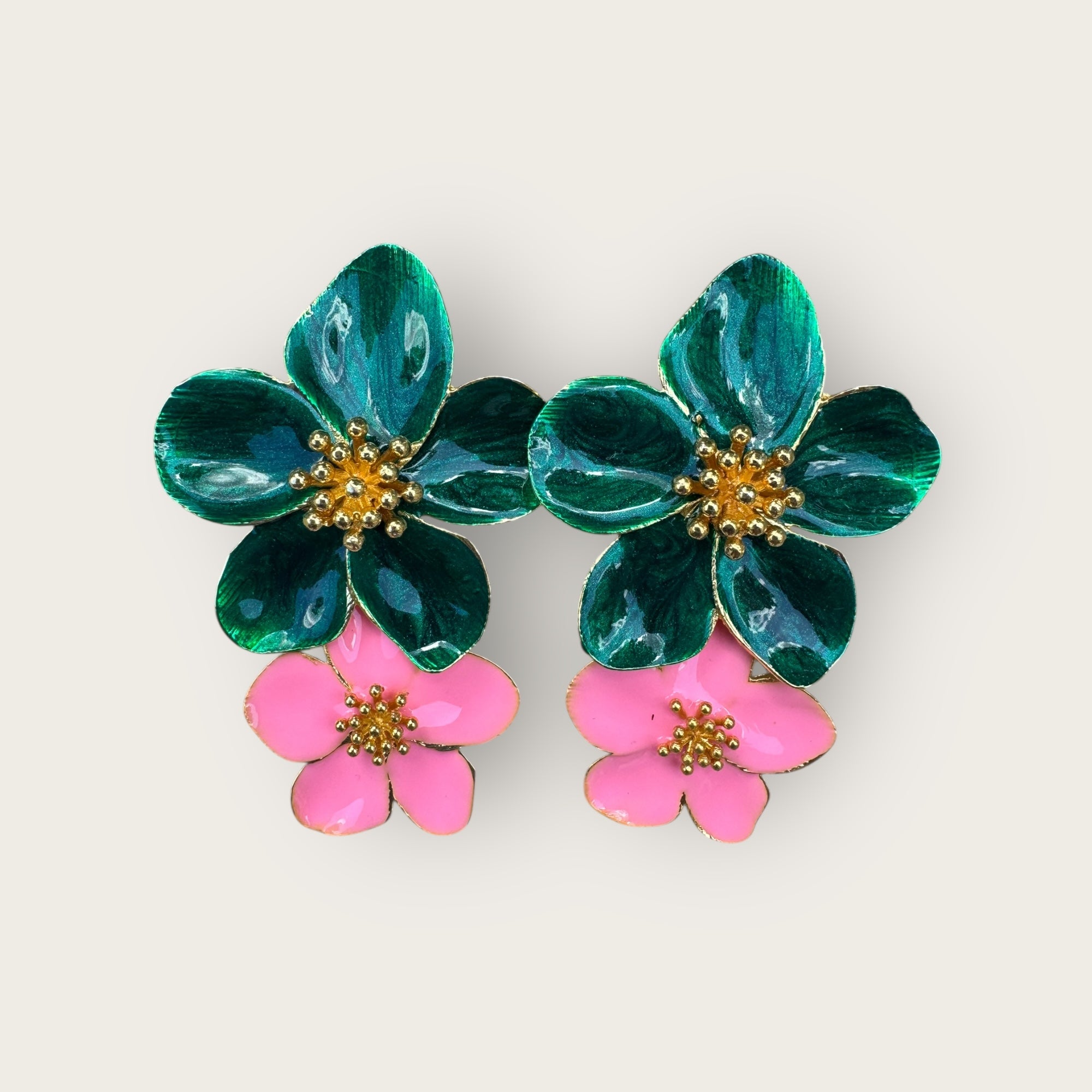 ARGELOUSE - Boucles d'oreilles HIBISCUS - Double Verte et rose