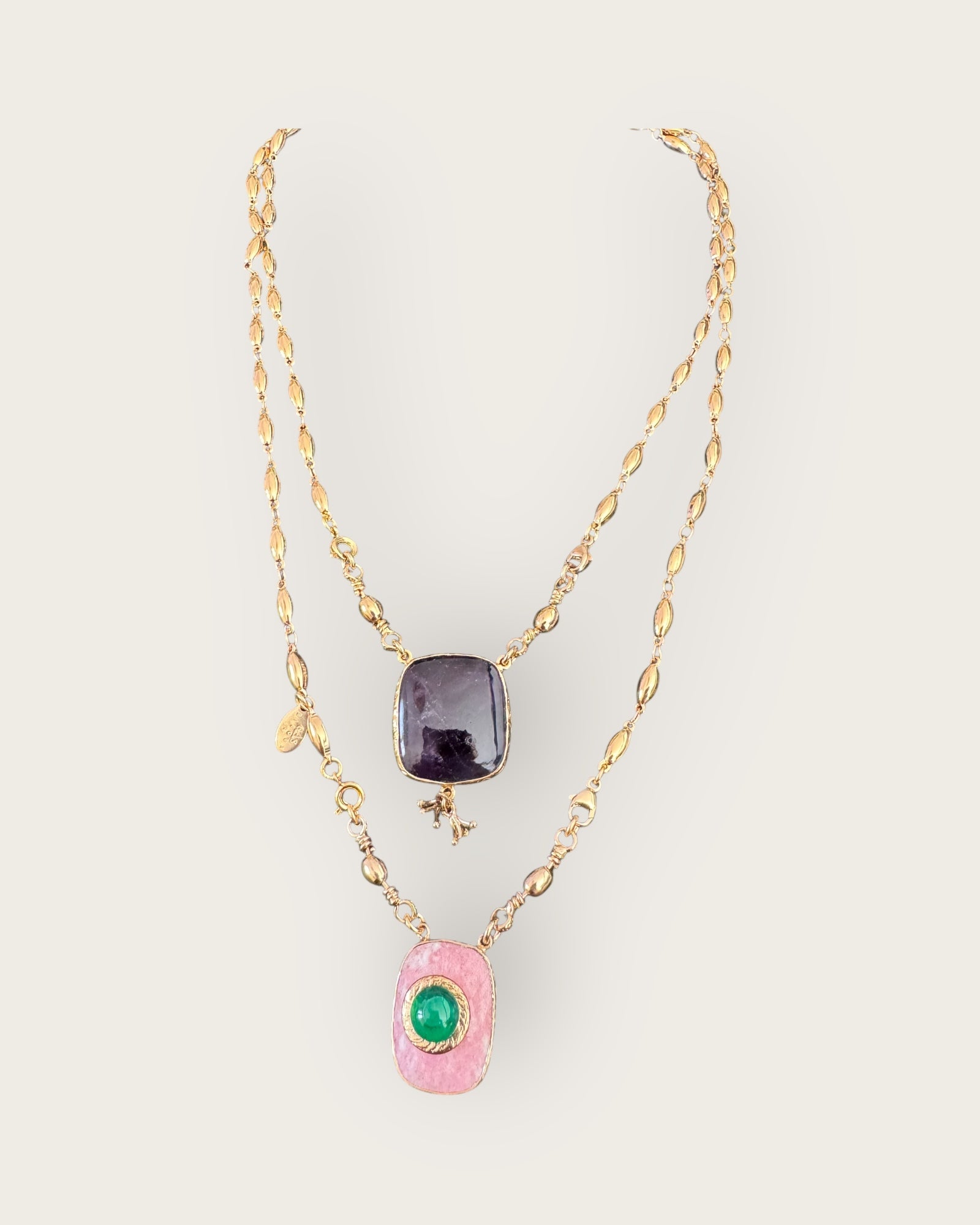 GAS BIJOUX - Collier scapulaire doré à l'or fin - Pièce RARE - Quartz rose et améthyste