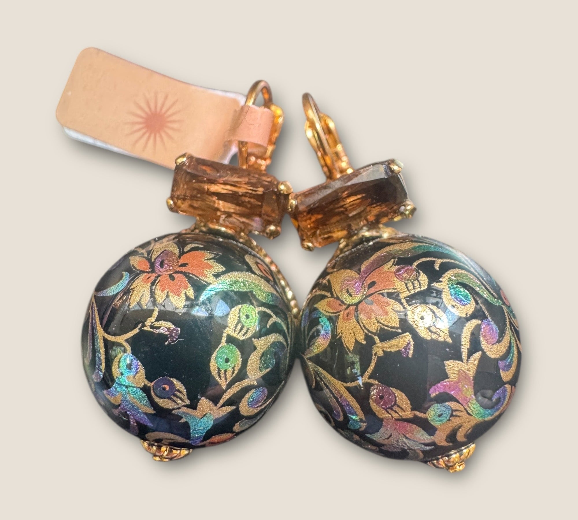 GAS BIJOUX - Boucles d’oreilles DECALCO dorées à l’or fin - Noires et cristaux marron