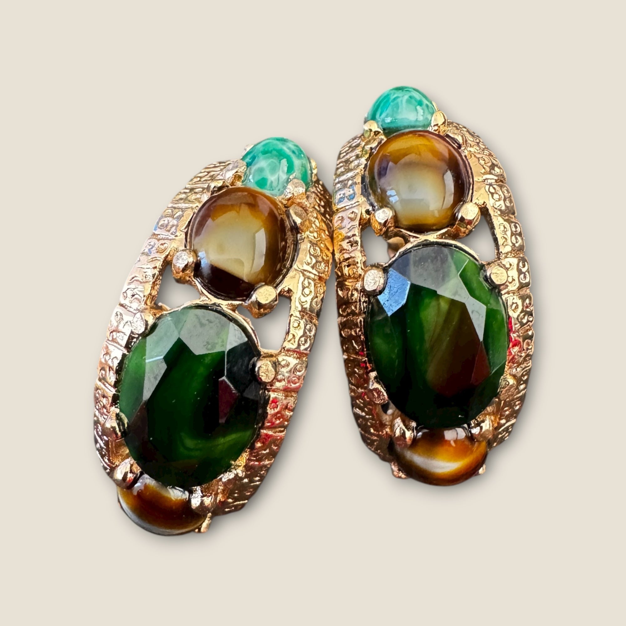 GAS BIJOUX - Boucles d'oreilles OREA dorées à l'or fin - Onyx vert, oeil de tigre et malachite