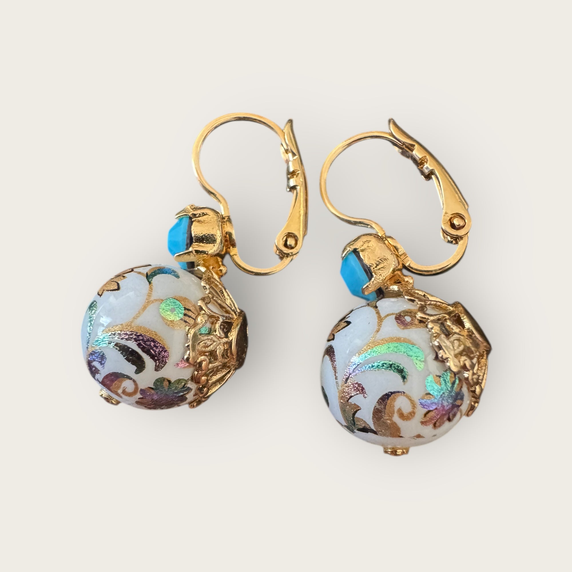 GAS BIJOUX - Boucles d'oreilles DECALCO MINI dorées à l'or fin - Blanches et cristaux turquoise
