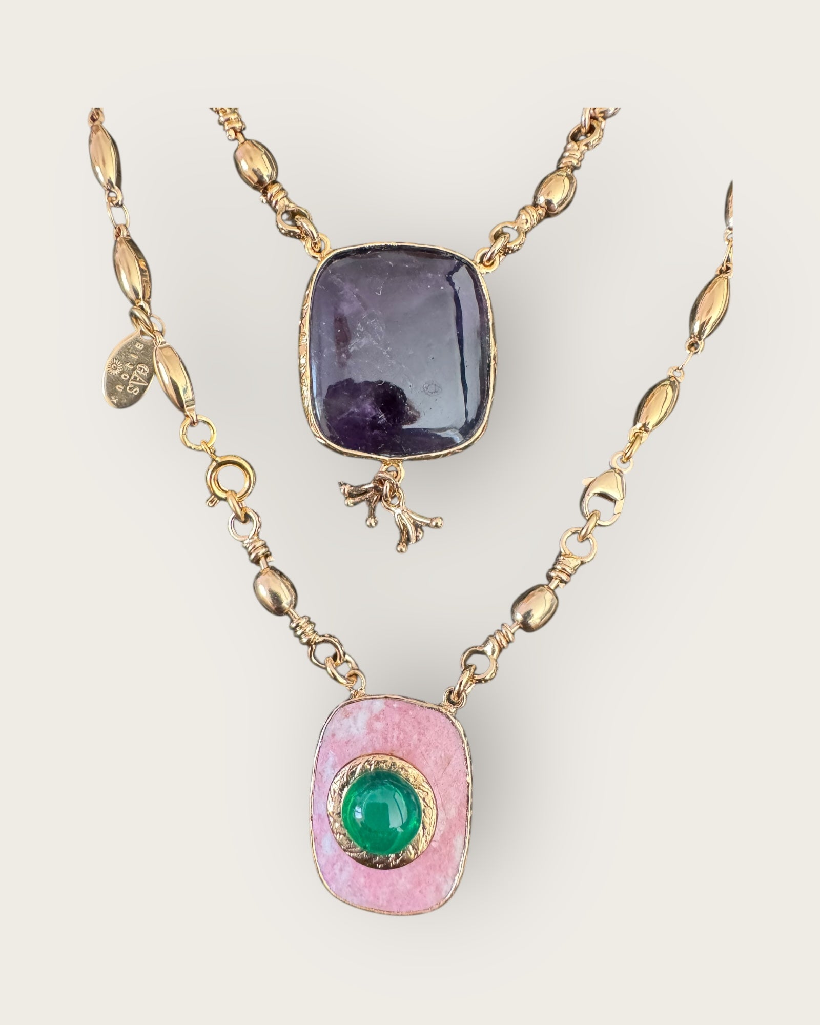 GAS BIJOUX - Collier scapulaire doré à l'or fin - Pièce RARE - Quartz rose et améthyste