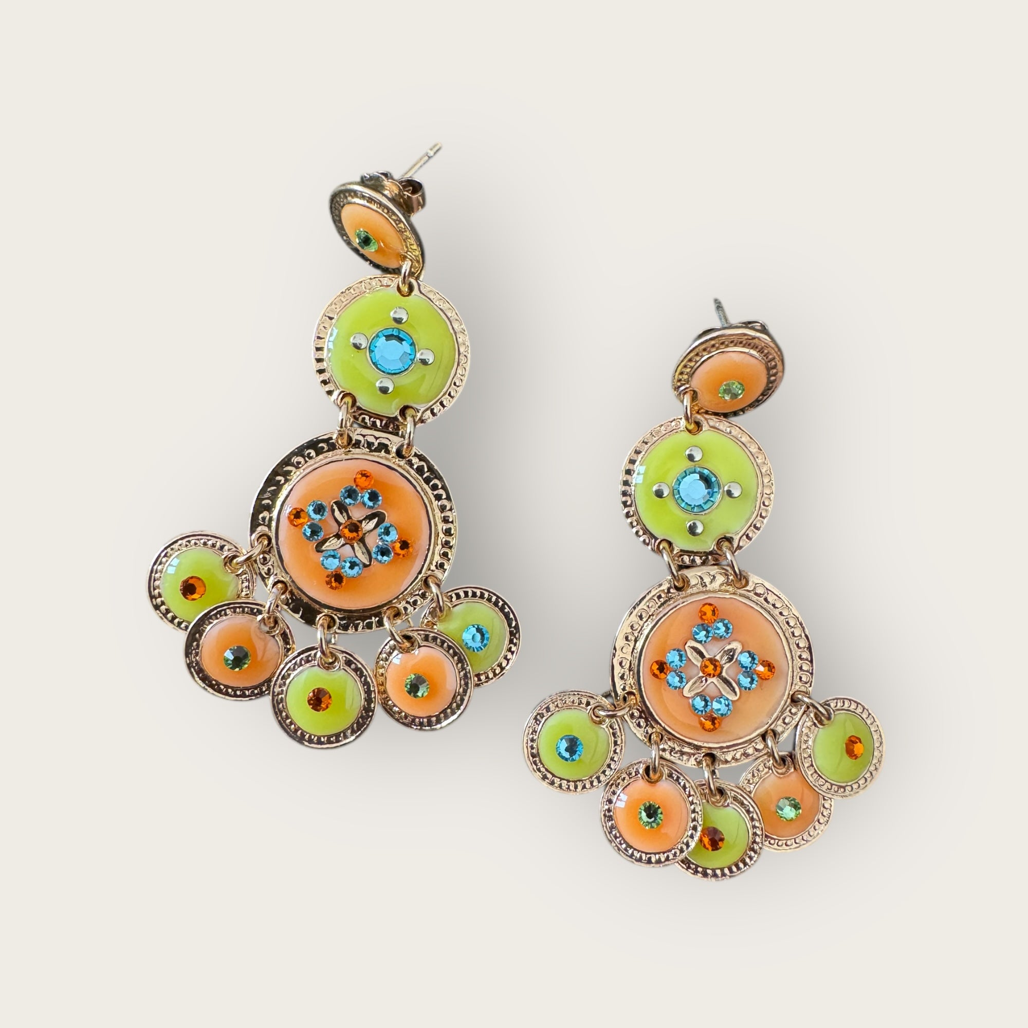 GAS BIJOUX - Boucle d'oreilles SEQUIN trois rangs dorées à l'or fin - Vers anis et orange