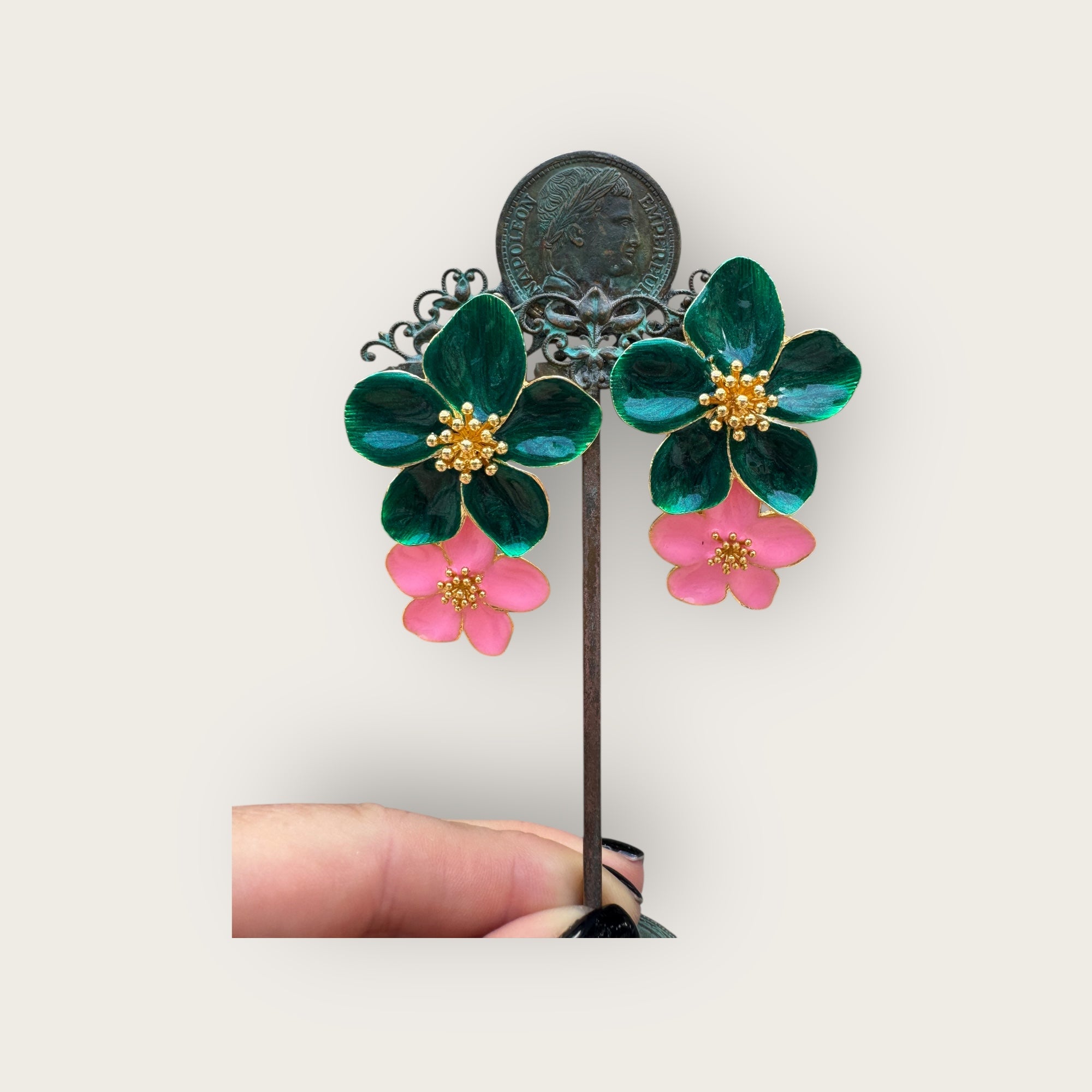 ARGELOUSE - Boucles d'oreilles HIBISCUS - Double Verte et rose