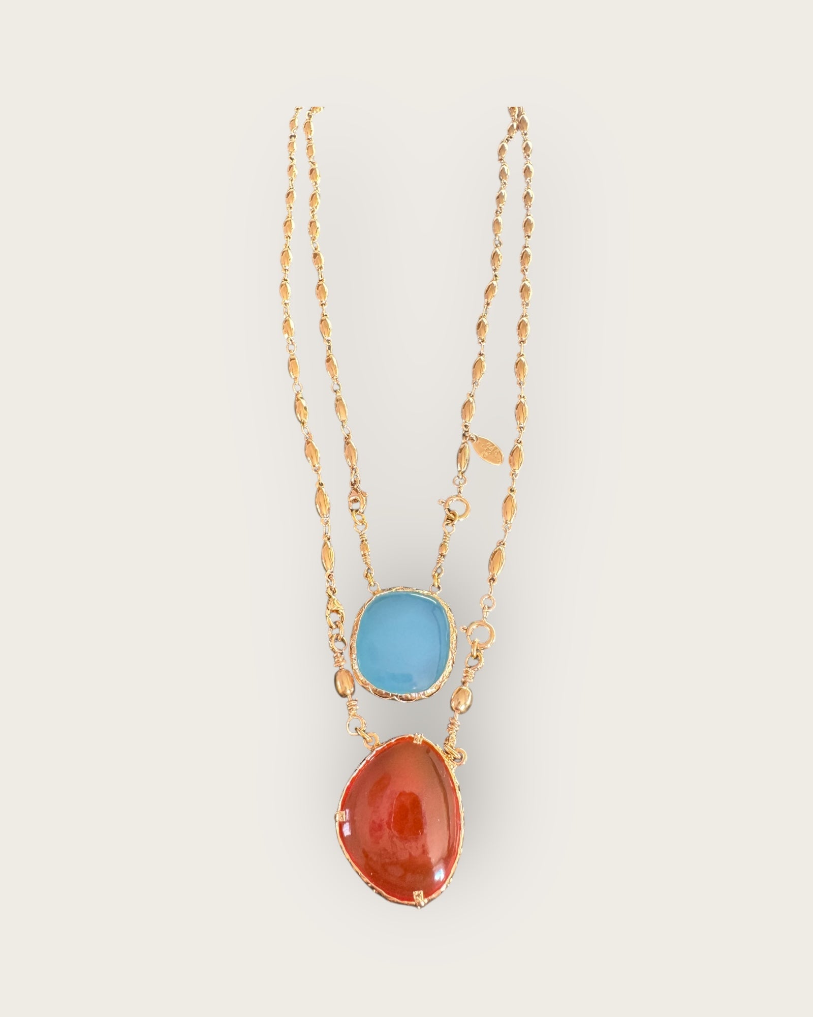 GAS BIJOUX - Collier Scapulaire serti doré à l'or fin - Cornaline et Aigue Marine