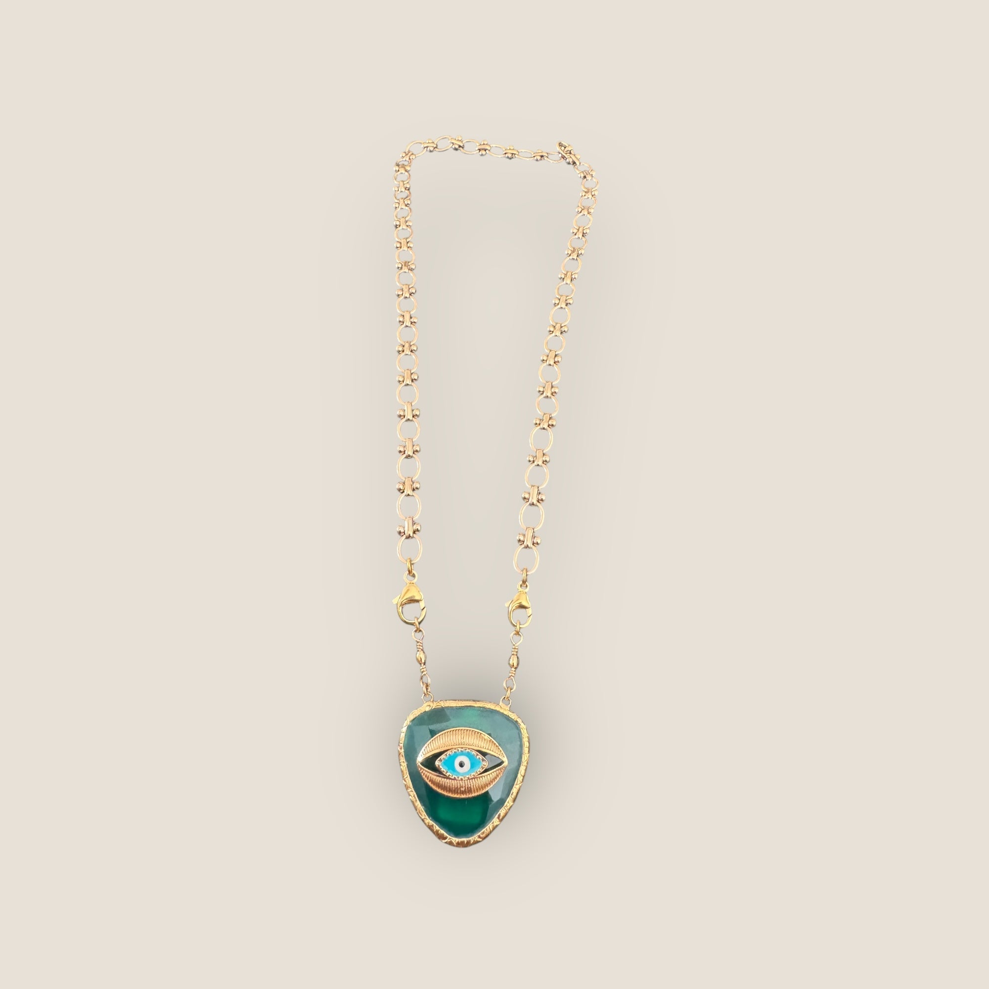 GAS BIJOUX - Collier BILY doré à l’or fin - Cabochon agate verte avec oeil de nazar - RARE