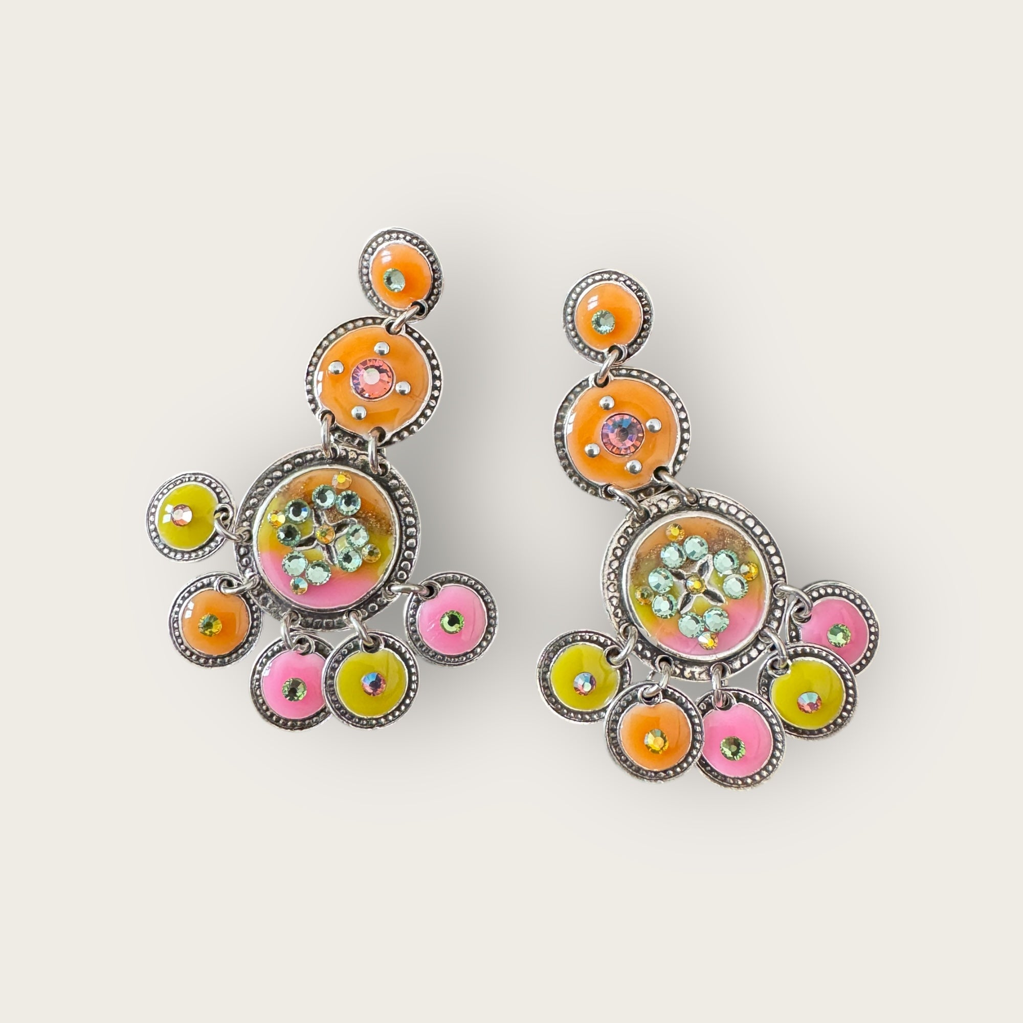 GAS BIJOUX - Boucles d'oreilles SEQUIN trois rang argentées à l'or fin - Orange et rose