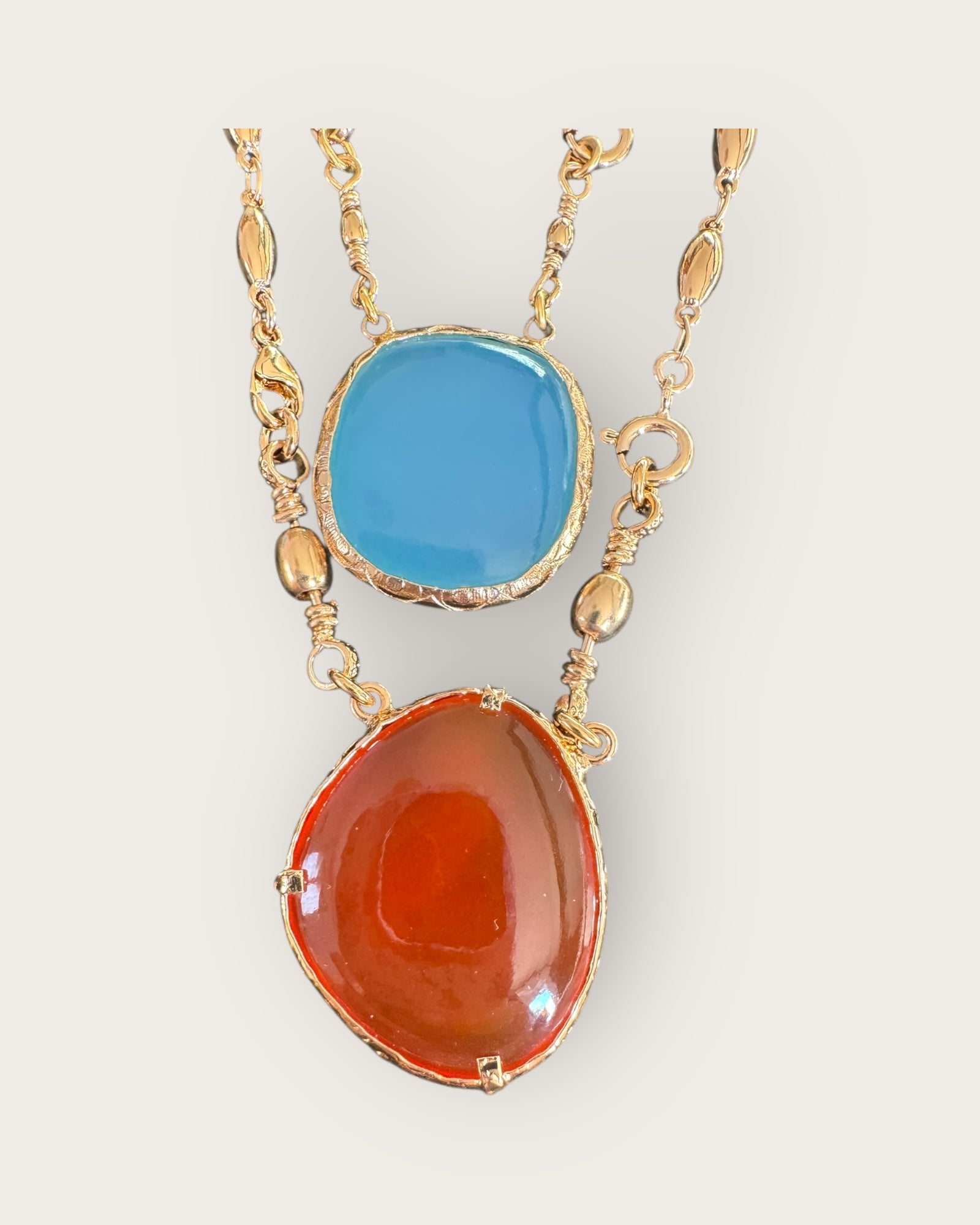 GAS BIJOUX - Collier Scapulaire serti doré à l'or fin - Cornaline et Aigue Marine