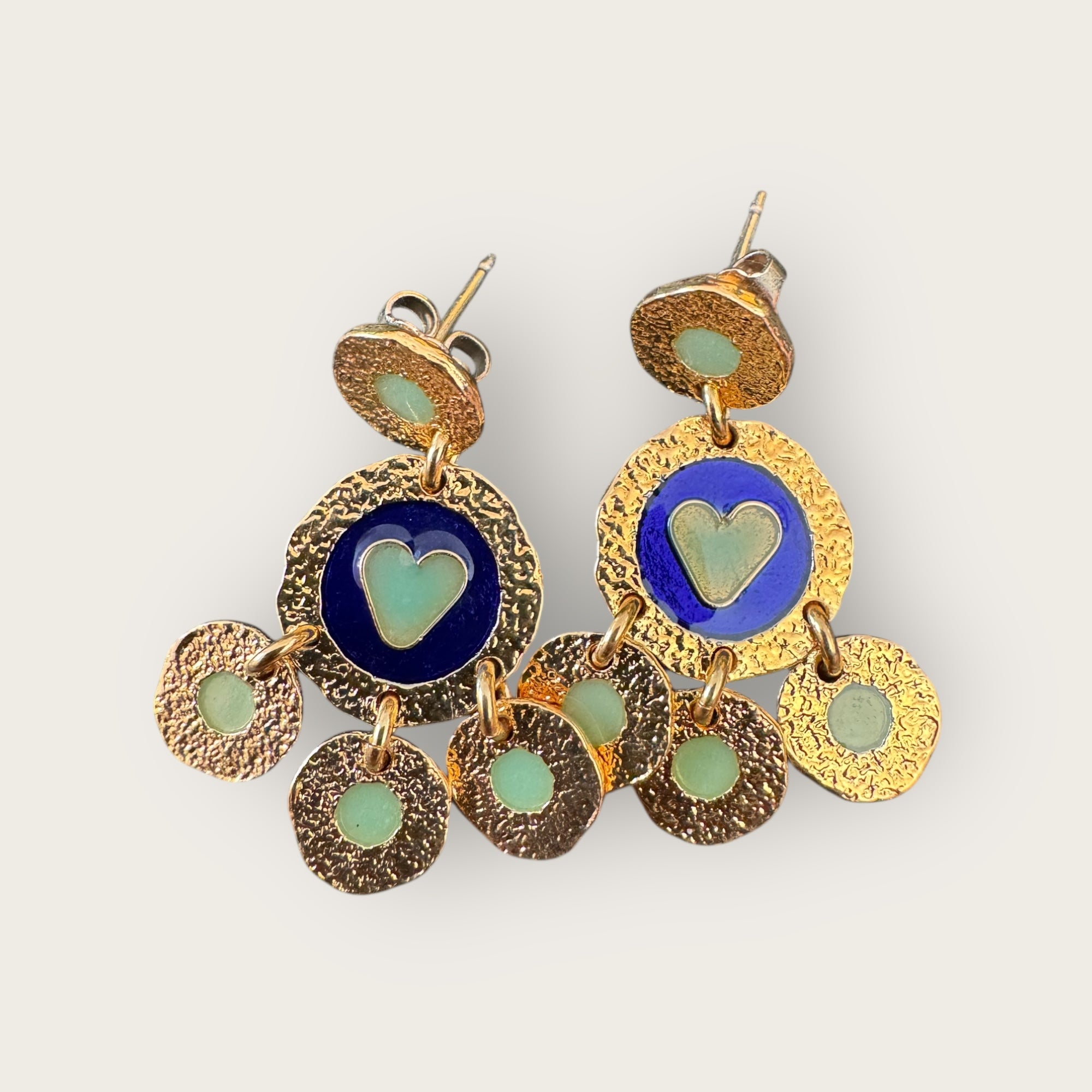 GAS BIJOUX - Boucles d'oreilles ILLUSION dorées à l'or fin - Bleu marine et coeur vert menthe