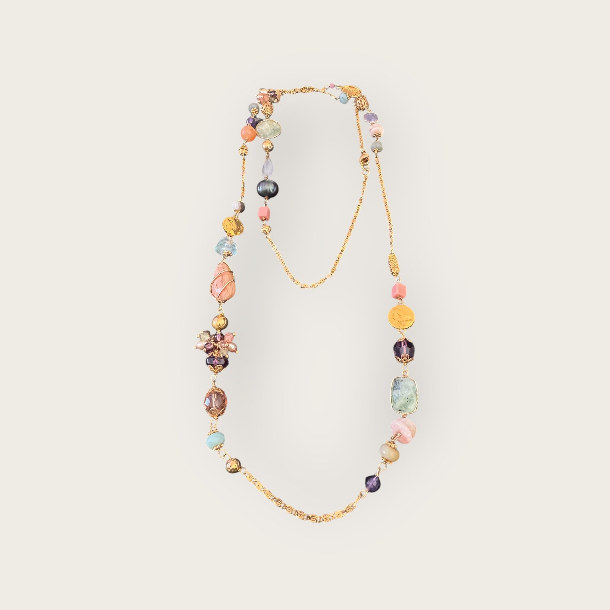 GAS BIJOUX - Sautoir VICTORIEN doré à l'or fin - Amazonite et quartz