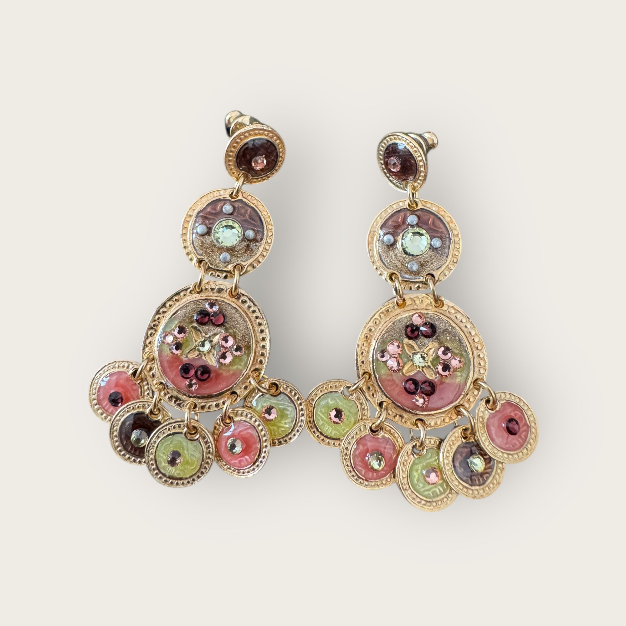 GAS BIJOUX - Boucles d'oreilles SEQUIN trois rands dorées à l'or fin - Bordeaux, rose et vert