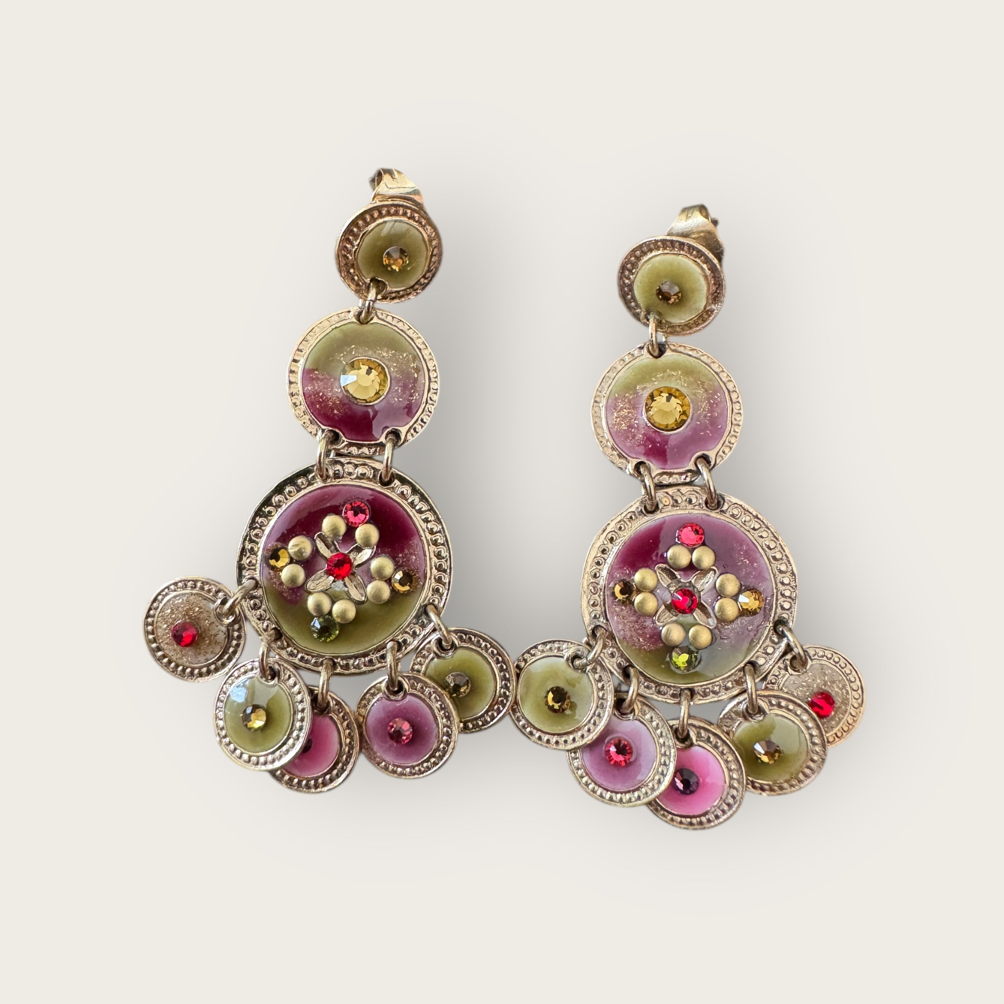 GAS BIJOUX - Boucles d'oreilles SEQUIN trois rangs dorées à l'or fin - Vert et Bordeaux