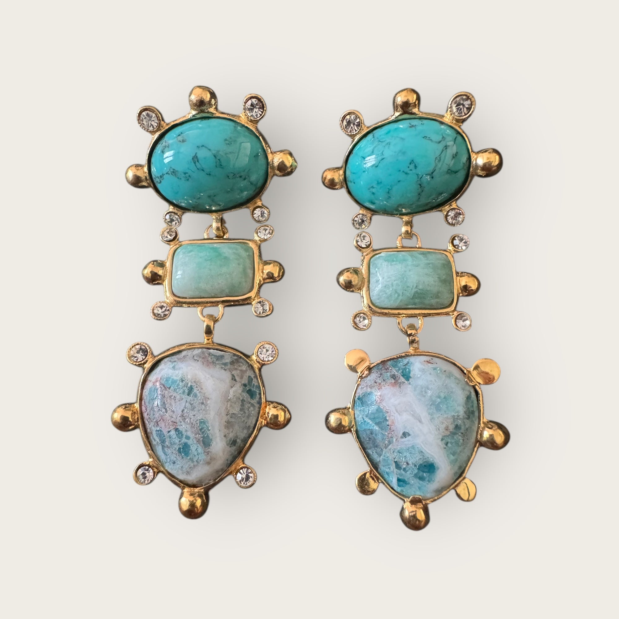 GAS BIJOUX - Boucles d'oreilles TIKI 3 rangs grand modèle dorées à l'or fin - Turquoise et amazonite