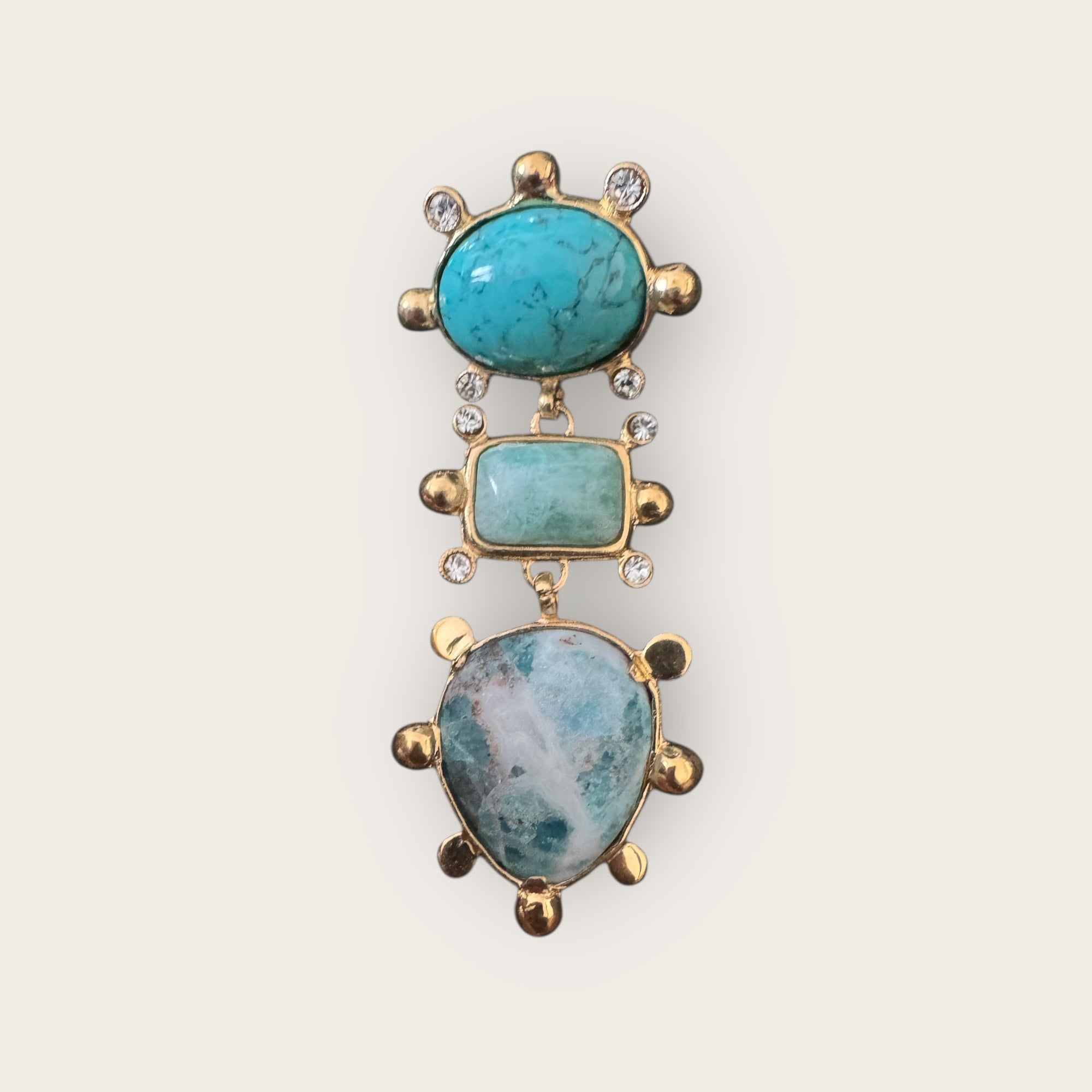 GAS BIJOUX - Boucles d'oreilles TIKI 3 rangs grand modèle dorées à l'or fin - Turquoise et amazonite