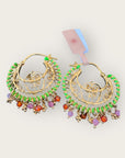 GAS BIJOUX - Boucles d'oreilles créoles YUCA dorées métal à l'or fin et fil de soie vert fluo