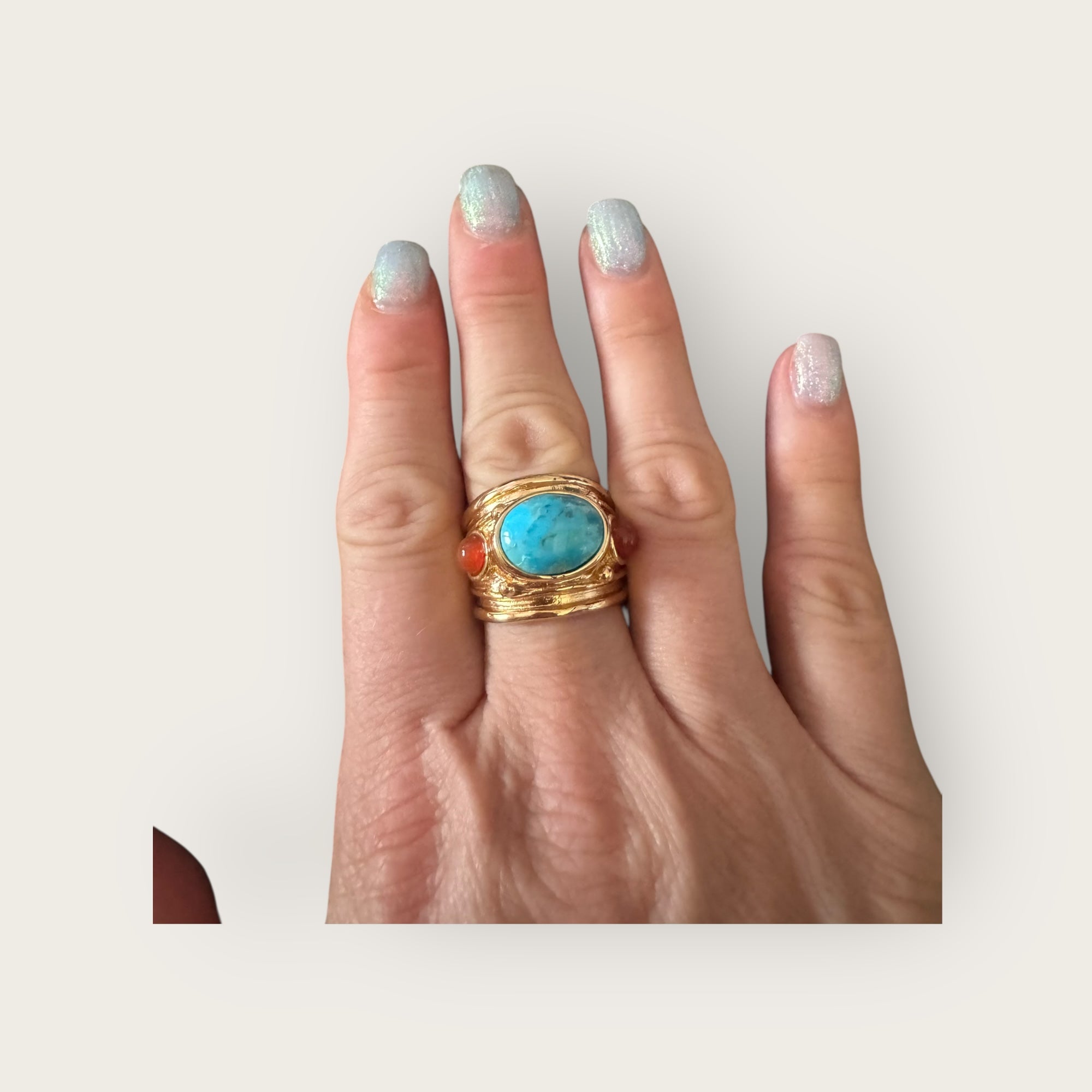 GAS BIJOUX - Bague SIMONE dorée à l'or fin - Turquoise et Cornaline Taille XL