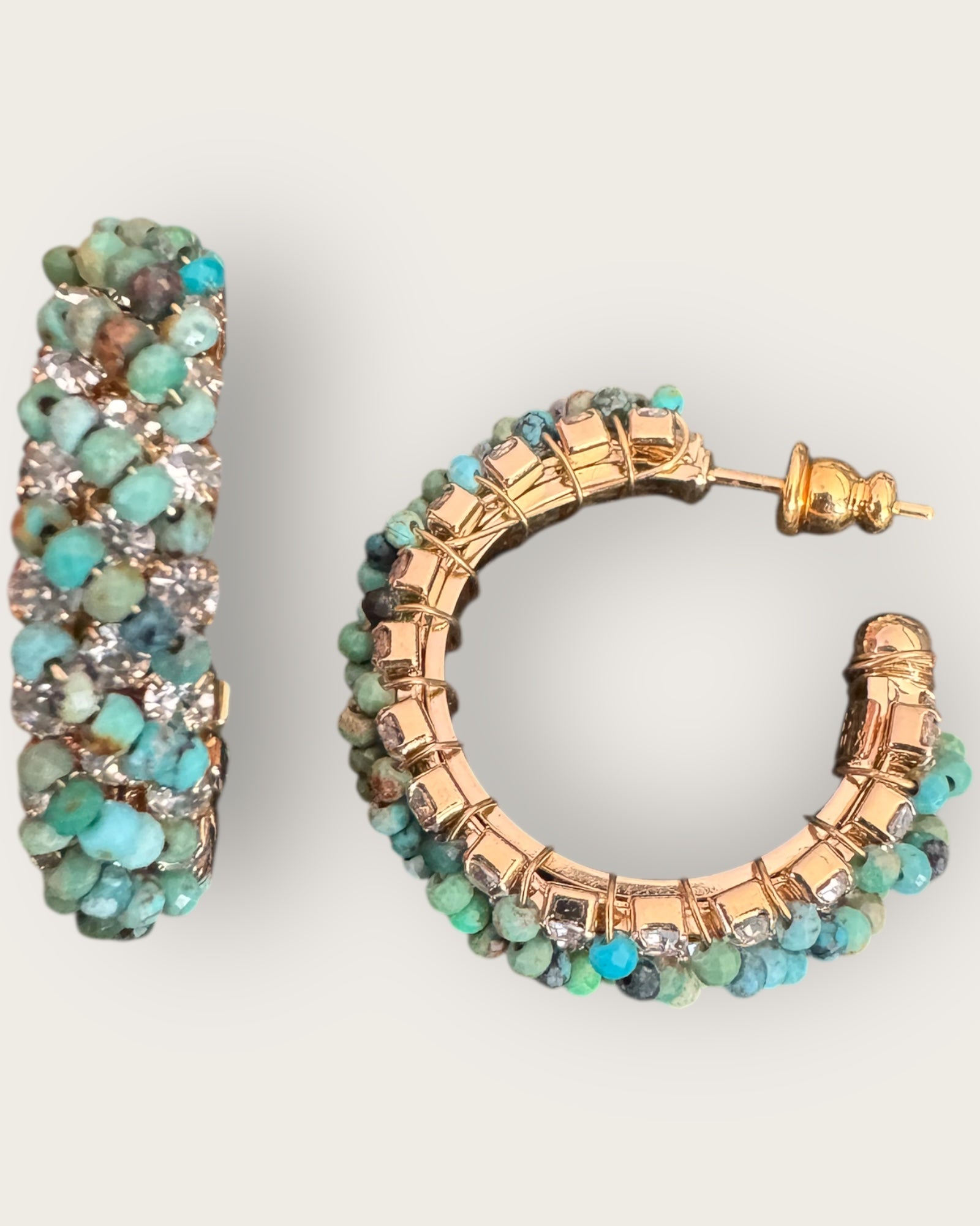 GAS BIJOUX - Boucles d'oreilles créoles IZILDA strass mini et turquoise doré à l'or fin