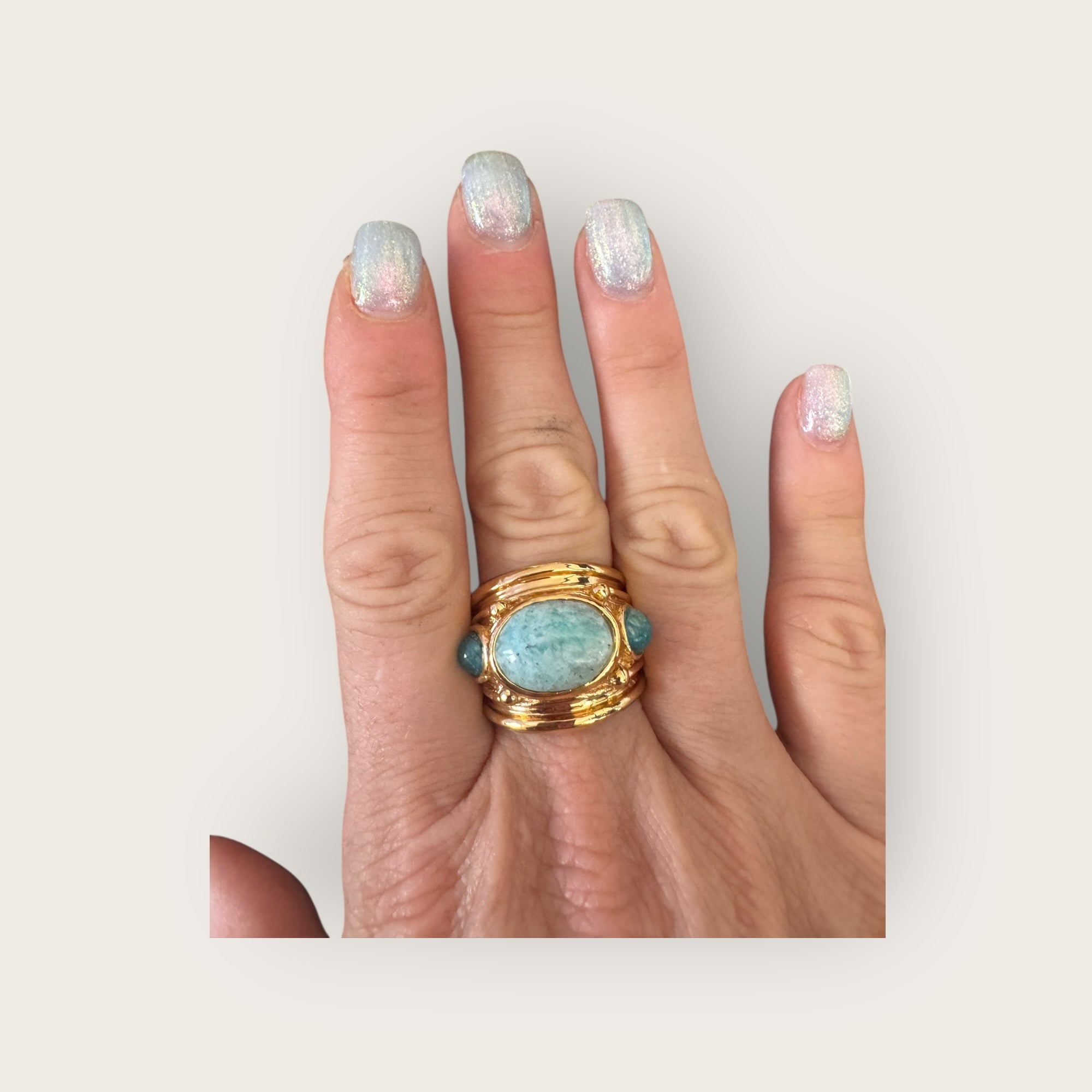 GAS BIJOUX - Bague SIMONE dorée - Amazonite et malachite - Taille XL