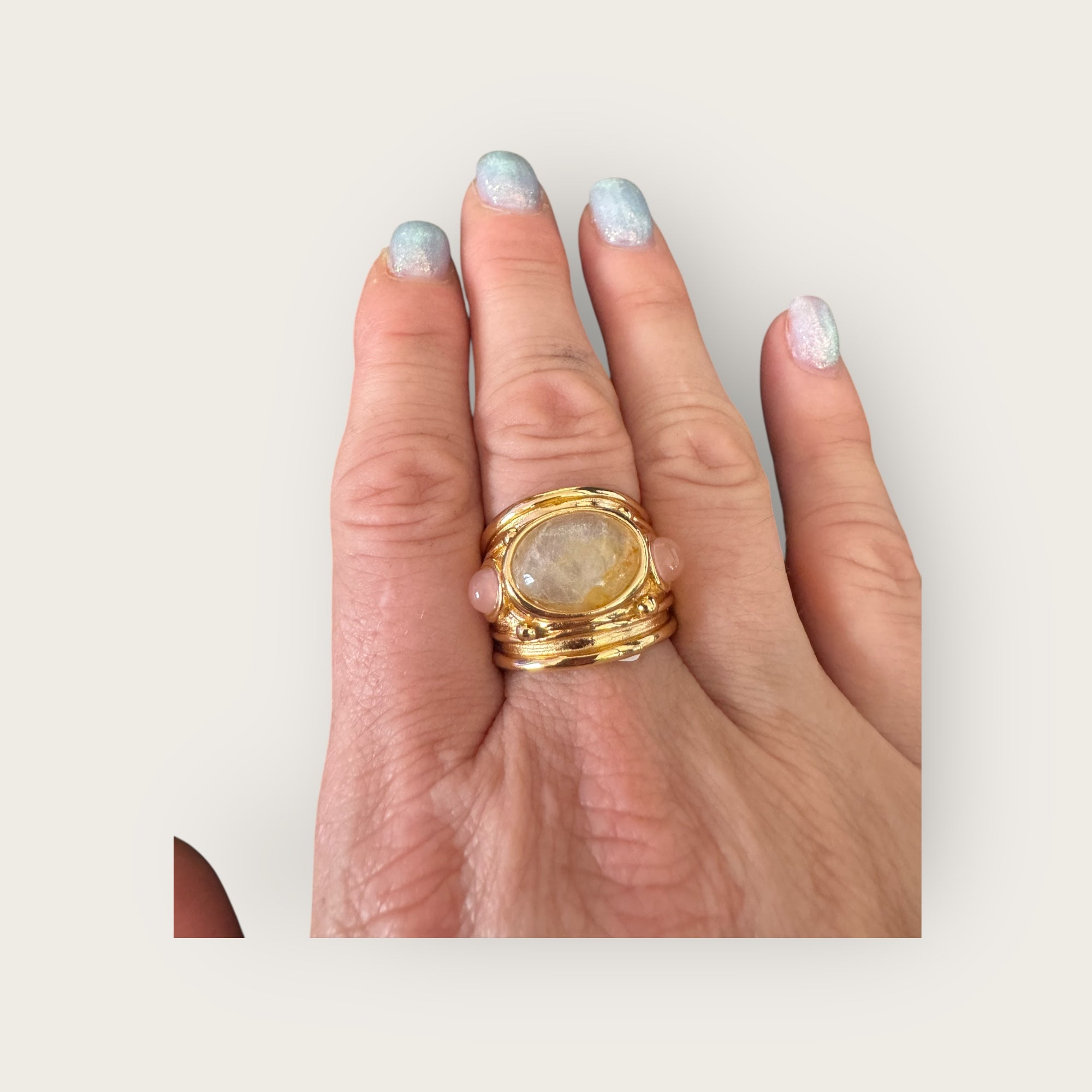 GAS BIJOUX - Bague SIMONE dorée à l'or fin - Hématoide jaune et quartz rose - Taille XL