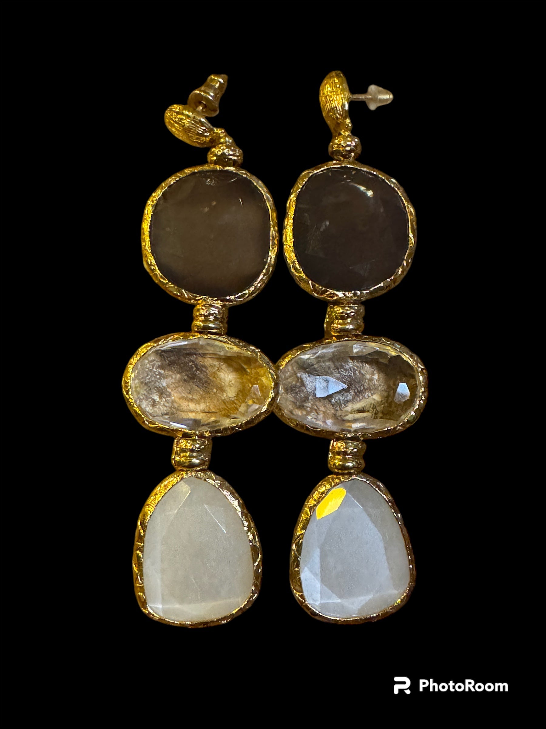 GAS BIJOUX - Boucles d'oreilles SILENE dorées à l'or fin - Labradorite - Quartz et nacre blanche