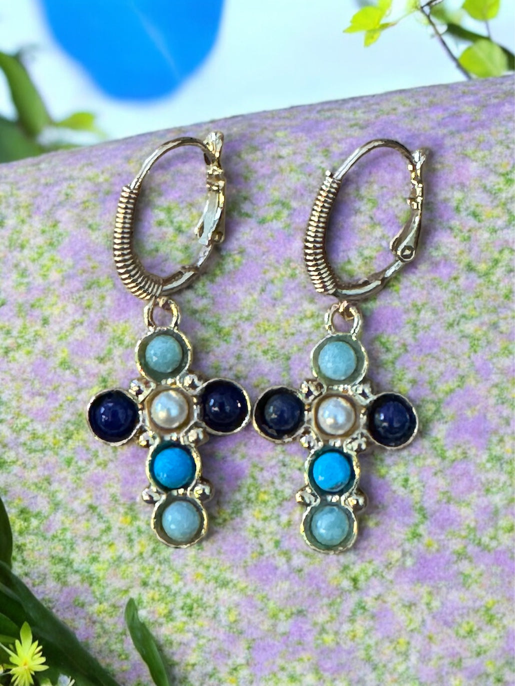 GAS BIJOUX -Boucles d’oreilles TAO CRUZITA dorées à l’or fin - Tons de bleus