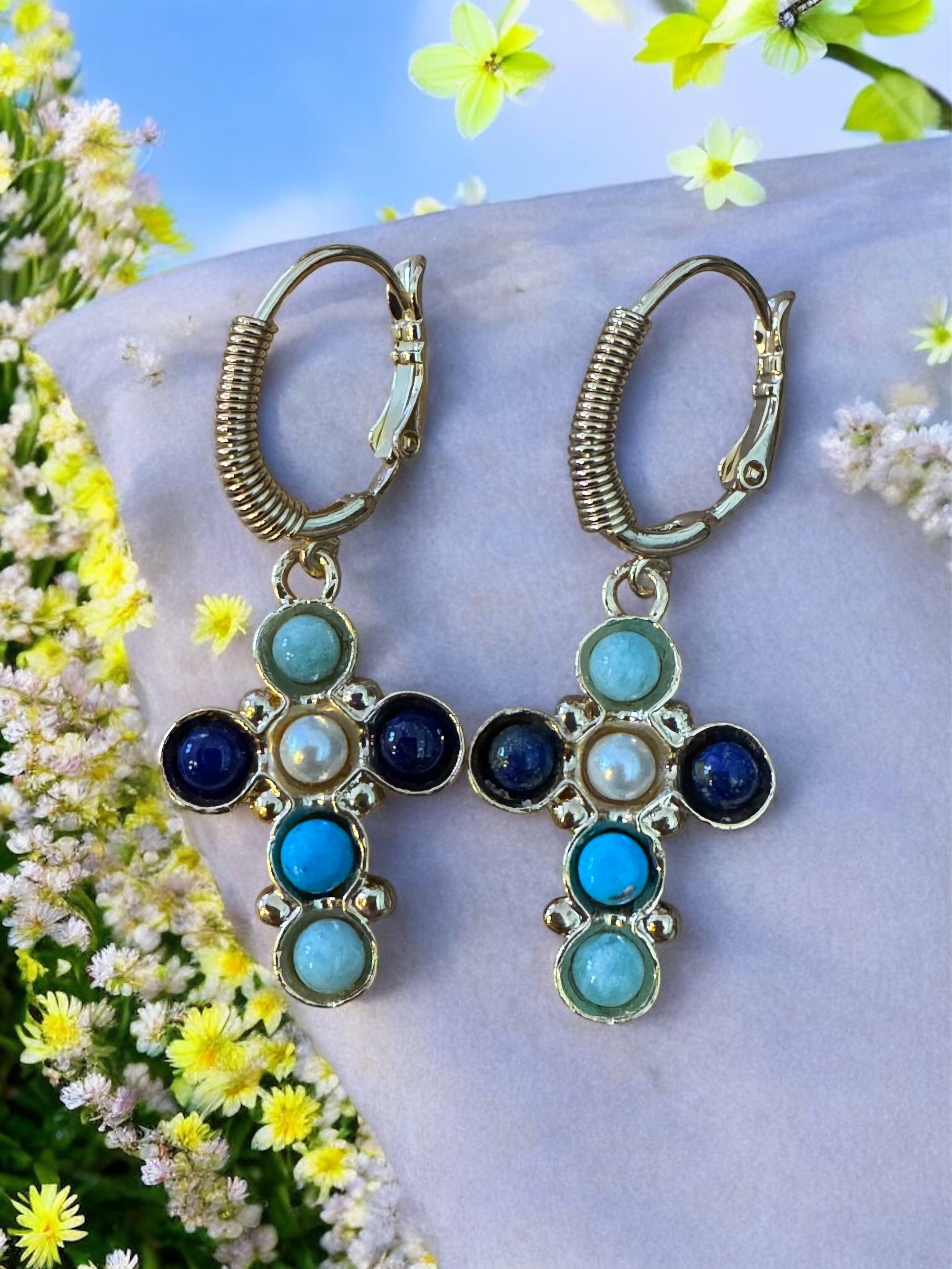 GAS BIJOUX -Boucles d’oreilles TAO CRUZITA dorées à l’or fin - Tons de bleus