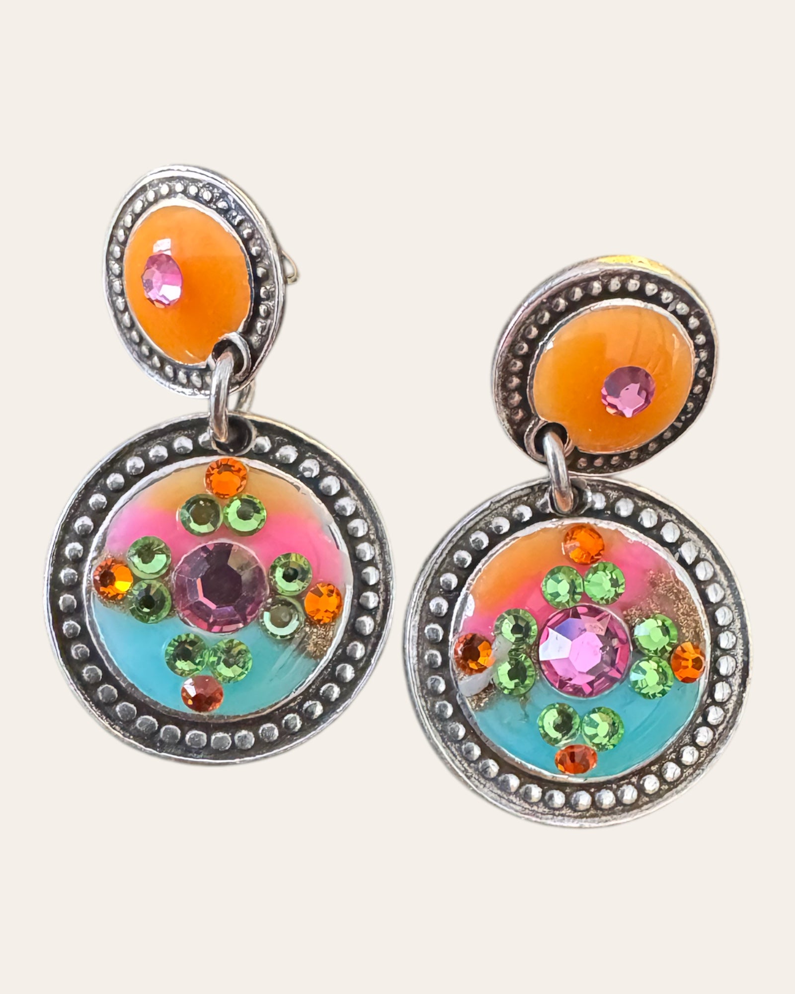 GAS BIJOUX - Boucles d'oreilles SEQUINS argentées - Tons orange et turquoise