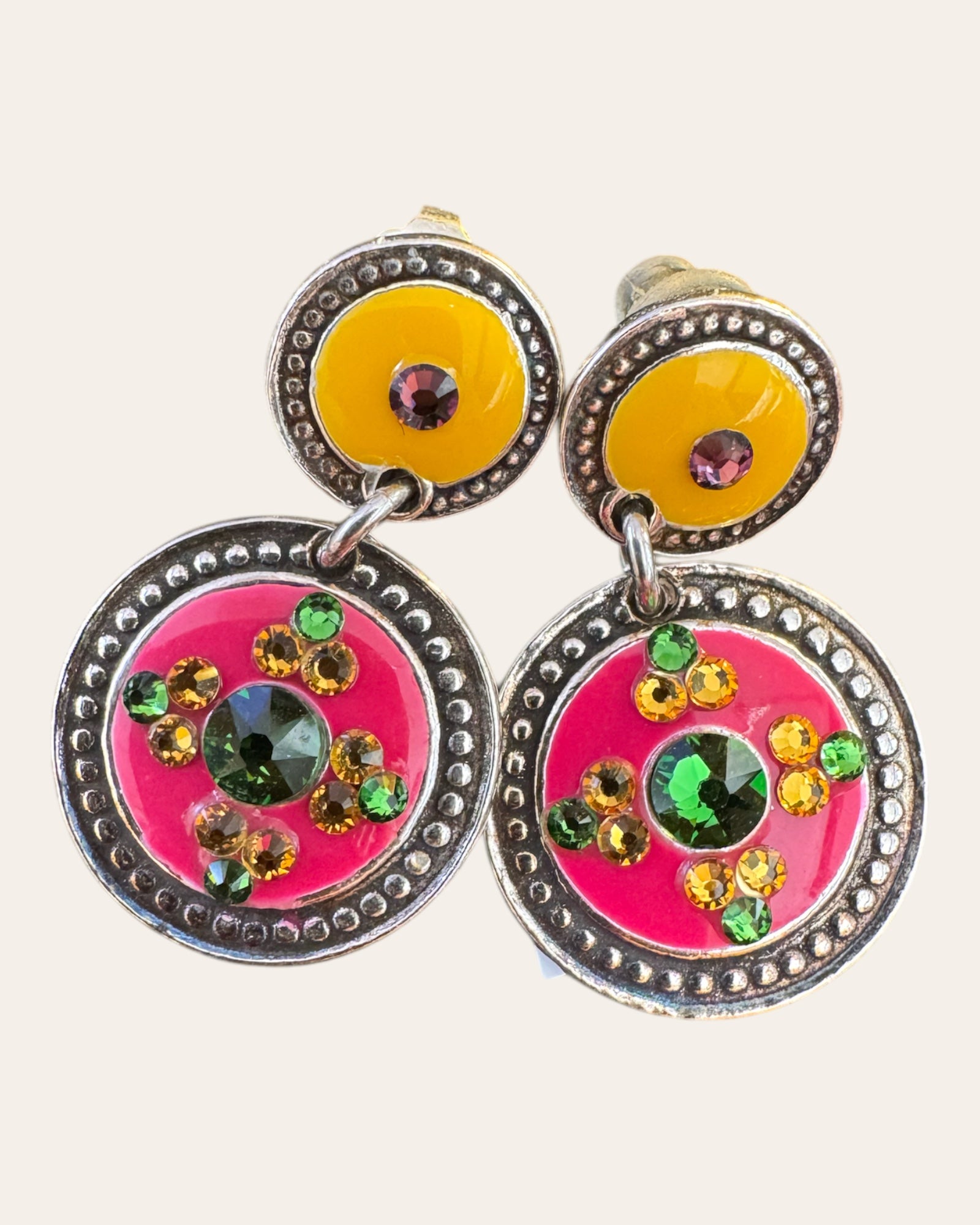 GAS BIJOUX - Boucles d'oreilles SEQUINS argentées - Fuchsia et jaune