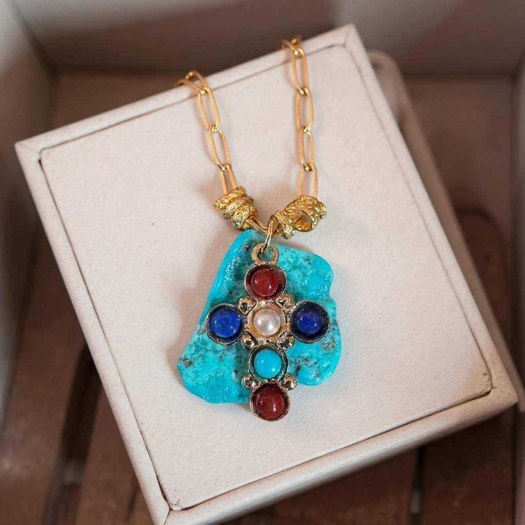 GAS BIJOUX - Collier BELLAVITA - Pierre de turquoise avec croix CRUZITA - Pièce unique