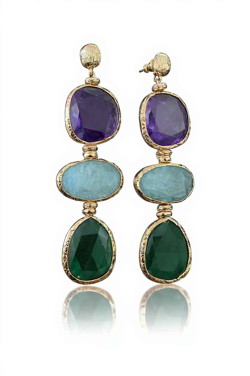 GAS BIJOUX - Boucles d'oreilles SILENE grand modèle dorées à l'or fin - Améthyste, amazonite, vésonite