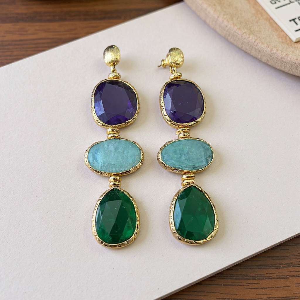 GAS BIJOUX - Boucles d'oreilles SILENE grand modèle dorées à l'or fin - Améthyste, amazonite, vésonite