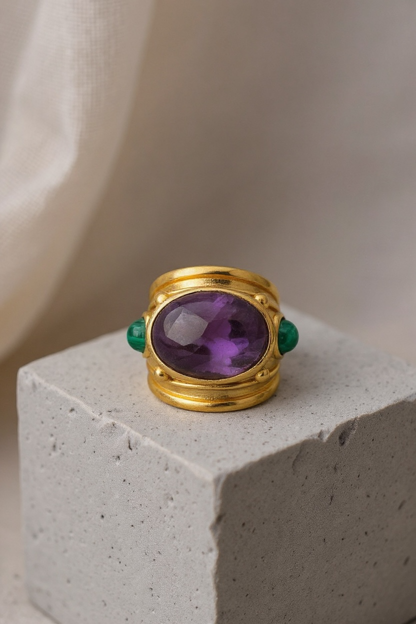 GAS BIJOUX - Bague SIMONE dorée à l'or fin - Améthyste et Malachite Taille M