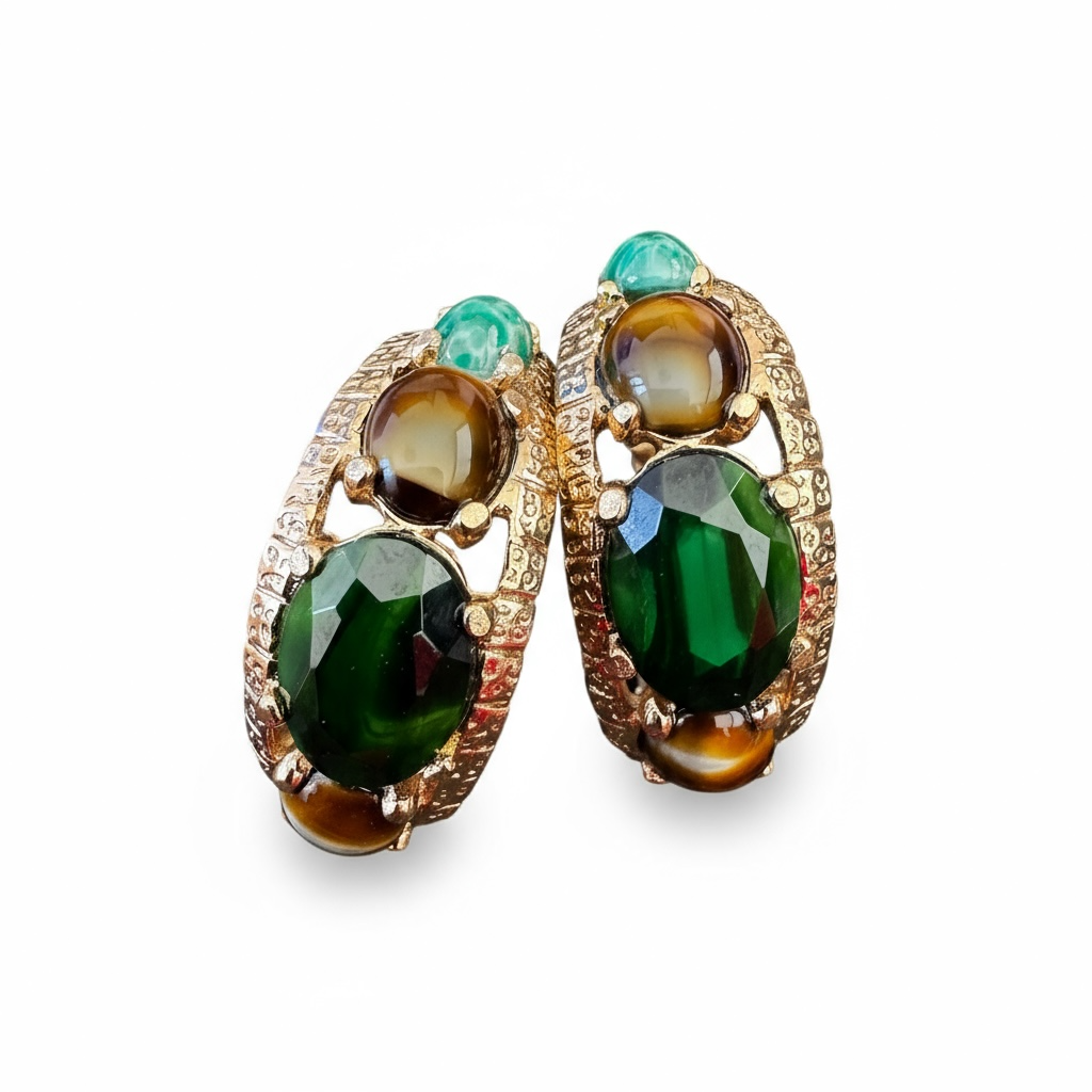 GAS BIJOUX - Boucles d'oreilles OREA dorées à l'or fin - Onyx vert, oeil de tigre et malachite