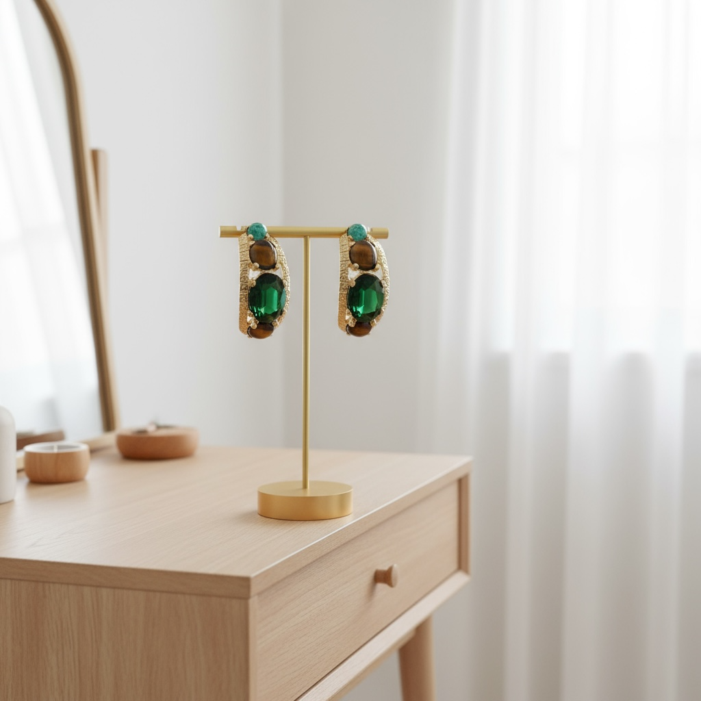 GAS BIJOUX - Boucles d'oreilles OREA dorées à l'or fin - Onyx vert, oeil de tigre et malachite