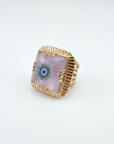 GAS BIJOUX - BAGUE CHEVALIERE ARTY DOREE - AMETHYSTE ET OEIL DE NAZAR EMAIL - TAILLE M