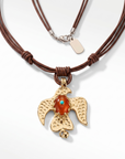 BY TOPAZE pendentif aigle en métal doré martelé avec pierre rouge orangé et turquoise sur cordon cuir marron