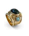 GAS BIJOUX - Bague SIMONE dorée à l'or fin - Onyx noir et apatite - TAILLE XL