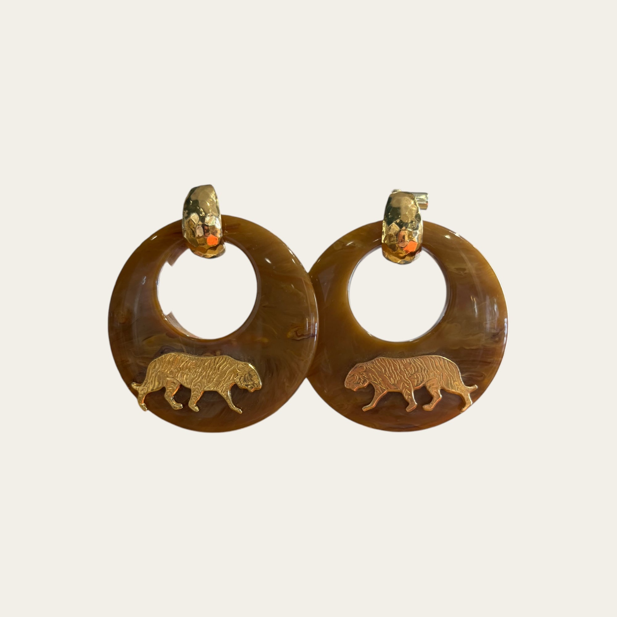 Boucles d'oreilles Tigre acétate dorées - Marron