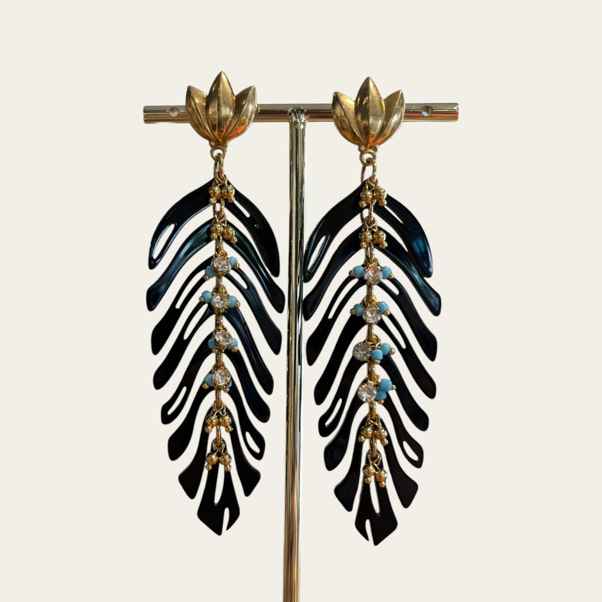 GAS BIJOUX - Boucles d'oreilles CAVALLO acétate perles blanches dorées à l'or fin - Noir