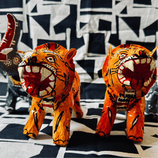 Statuette Tigre Tête Articulée, Papier Mâché, Inde